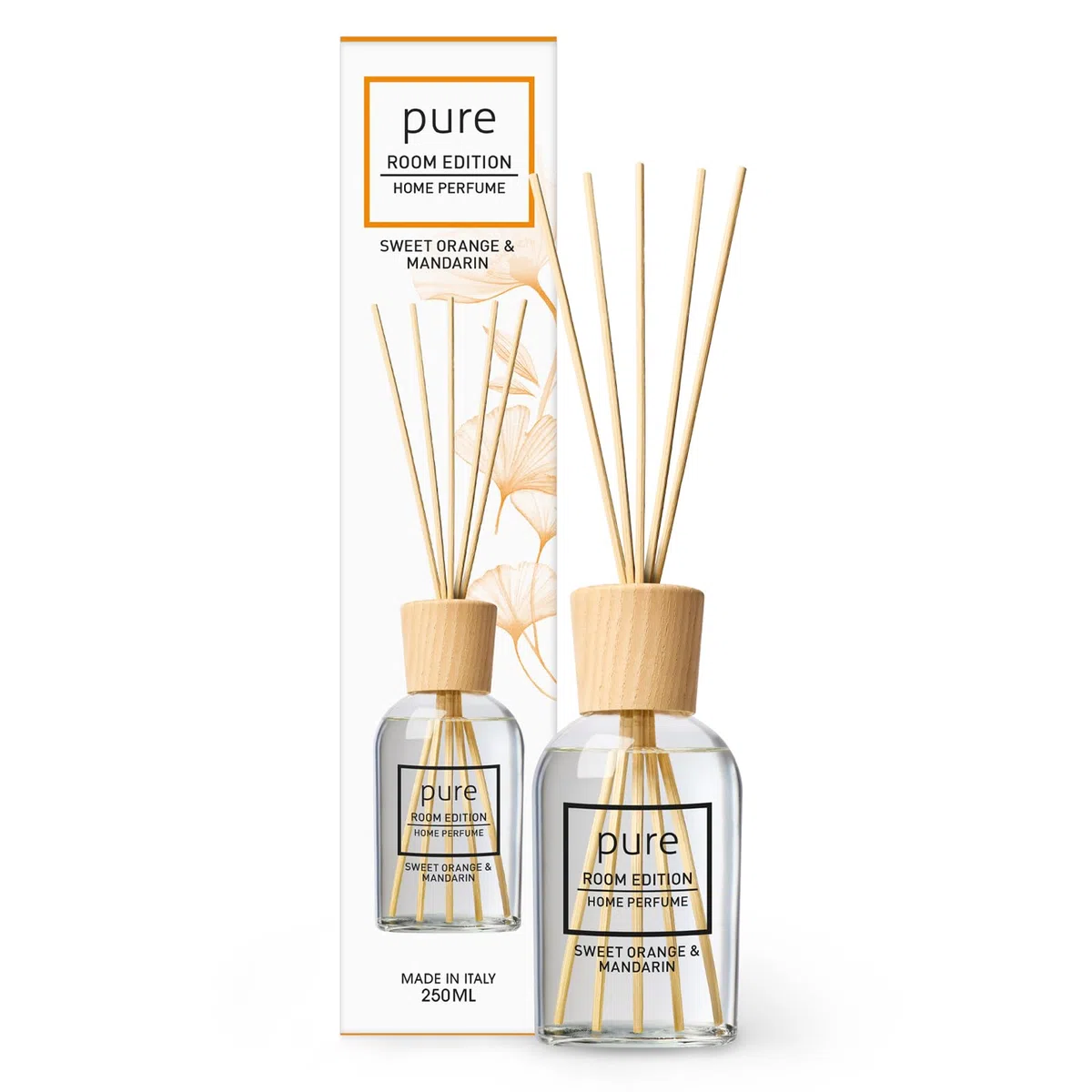 PURE ROOM EDITION 250ml Raumduft Orange & Mandarine: natürliche Inhaltsstoffe, vegan & tierversuchsfrei, Bio-Alkohol, Diffuser mit Stäbchen hergestellt in Italien