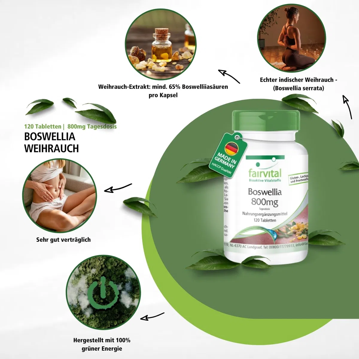 fairvital Weihrauch-Tabletten, Boswellia Serrata Extrakt 800mg Tagesdosis, Hochdosiertes Indischer Weihrauch mit mind. 65% Boswellia-Säuren, Vegan, 120 Tabletten