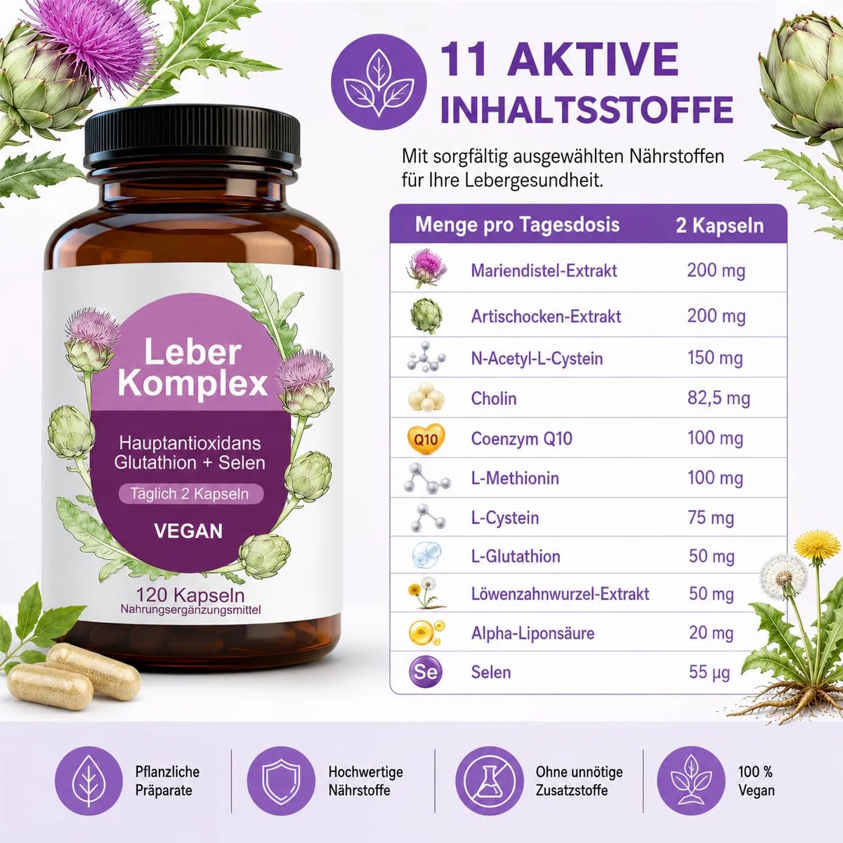 Leber Komplex, Mariendistel Kapseln, Artischocke, Löwenzahn, Kurkuma, Glutathion & Cholin, Vegan
