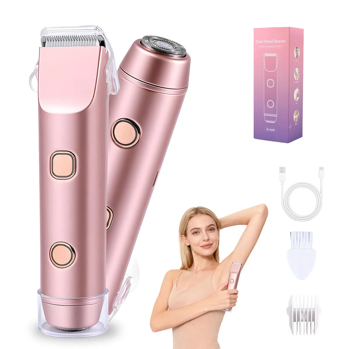 Carehabi Rasierer Damen und Intimrasierer für Frauen 2-in-1 Elektrischer Bikini Trimmer mit Keramikklinge IPX7 Wasserdicht Leiser Damenrasierer Gesichtshaarentferner Typ-C 0.14kg Roségold