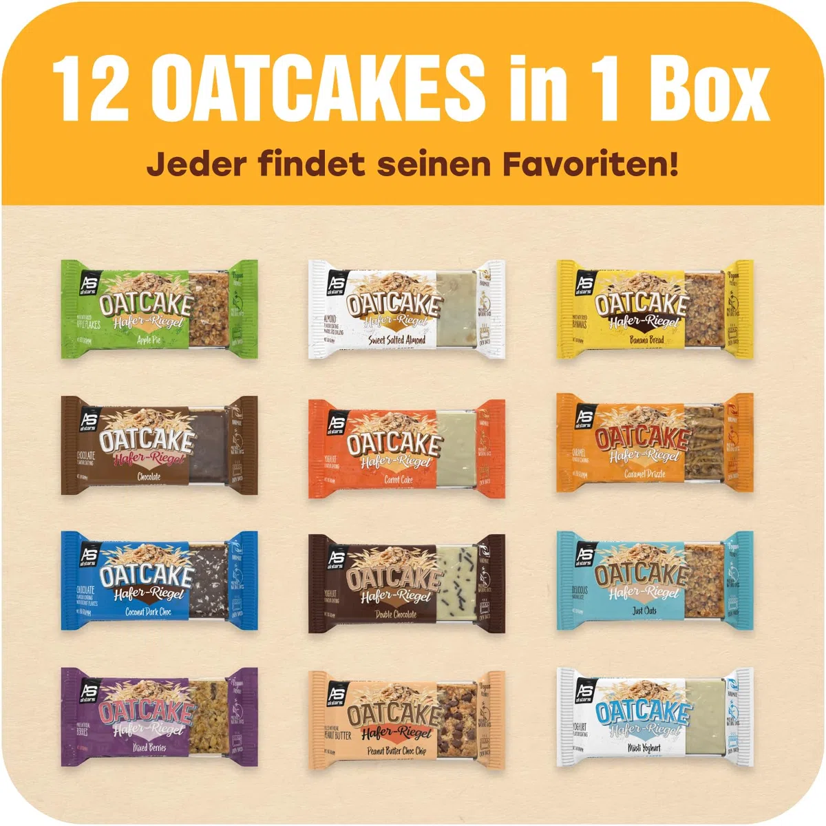 ALL STARS Oatcake Hafer-Riegel (Mix-Box, 12 x 80g) – Energy-Riegel mit Haferflocken & hochwertigen Kohlenhydraten – gebackener Oat Bar - soft & sättigend - idealer Mahlzeitenersatz