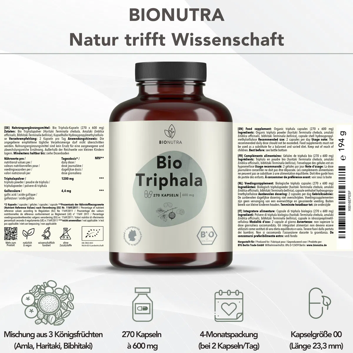 BIONUTRA Bio Triphala Kapseln, 270 Stk. à 600 mg, hochdosiert | rückstandskontrolliert, ohne Zusätze, vegan, deutsche Herstellung aus Triphala Bio Pulver, mit Amla, Haritaki und Bibhitaki