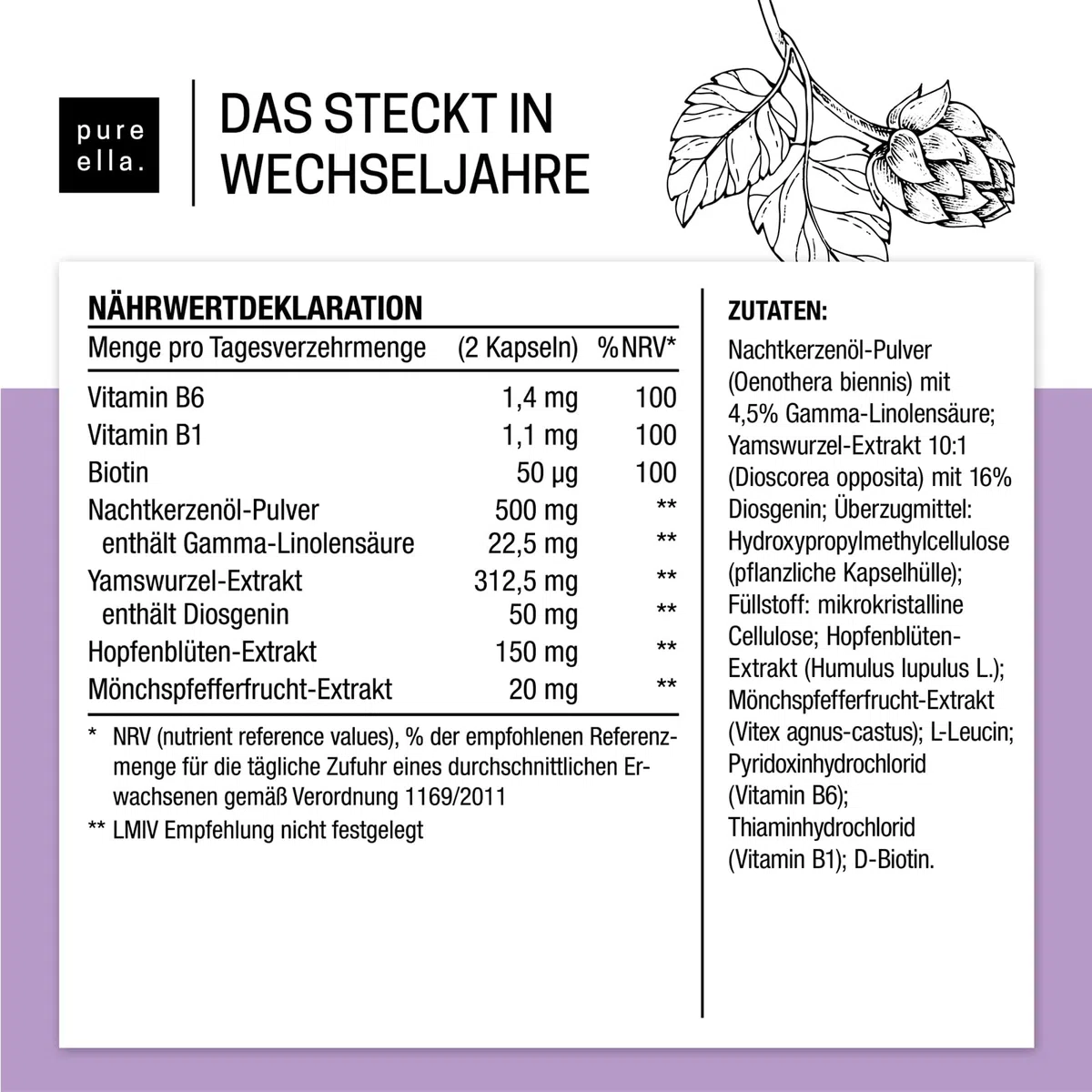 Pure Ella WECHSELJAHRE - Vitalstoffkomplex für Frauen bei Symptomen der Wechseljahre - Enthält Nachtkerzenöl, Yamswurzel und Mönchspfeffer - Natürlich, Hormonfrei, Vegan - 60 Menopause Kapseln
