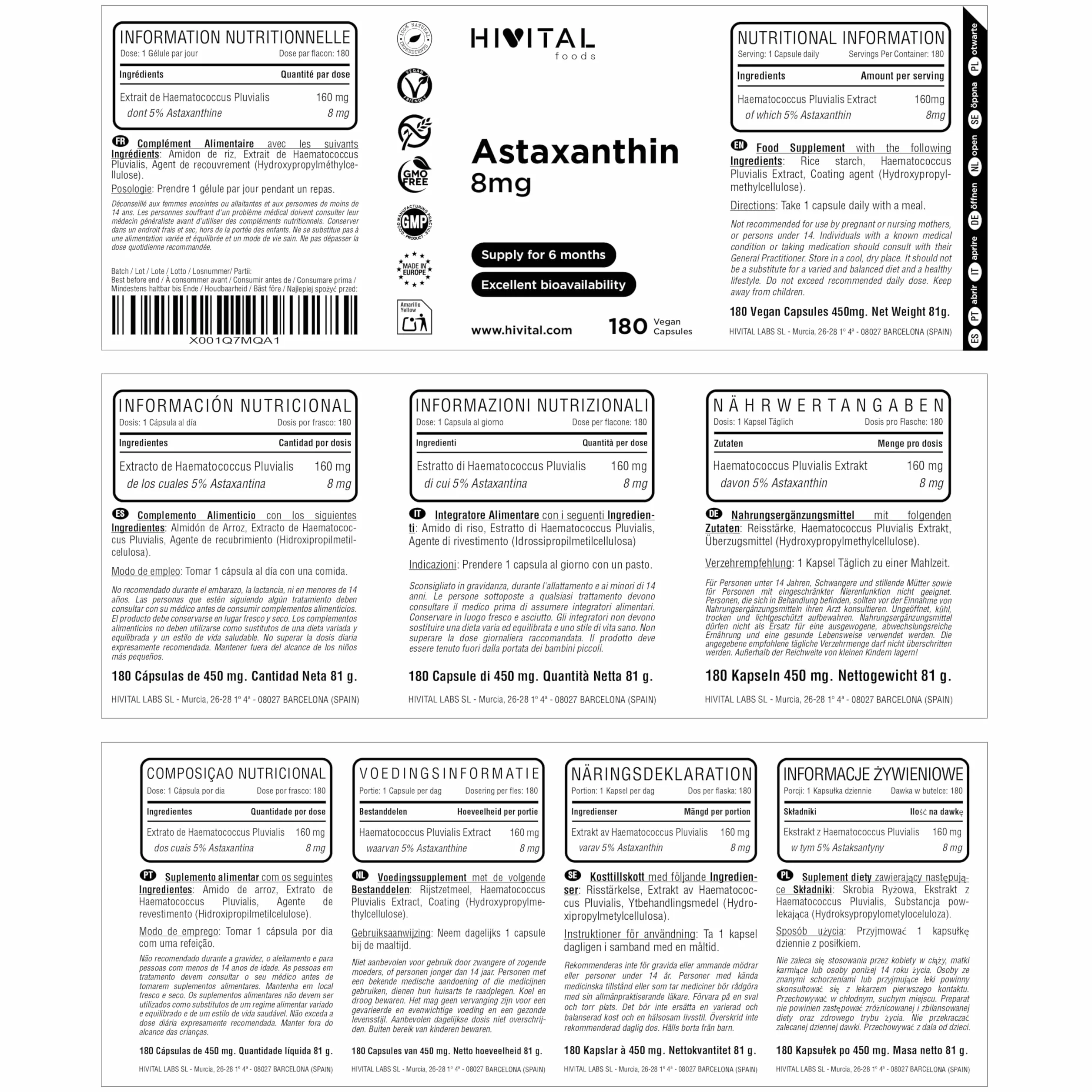 Astaxanthin 8 mg. 180 vegane Kapseln für eine 6-monatige Kur. Hergestellt aus 160 mg der natürlichen Alge Haematococcus Pluvialis mit 5% Astaxanthin, liefert also 8 mg reines Astaxanthin. Von Hivital
