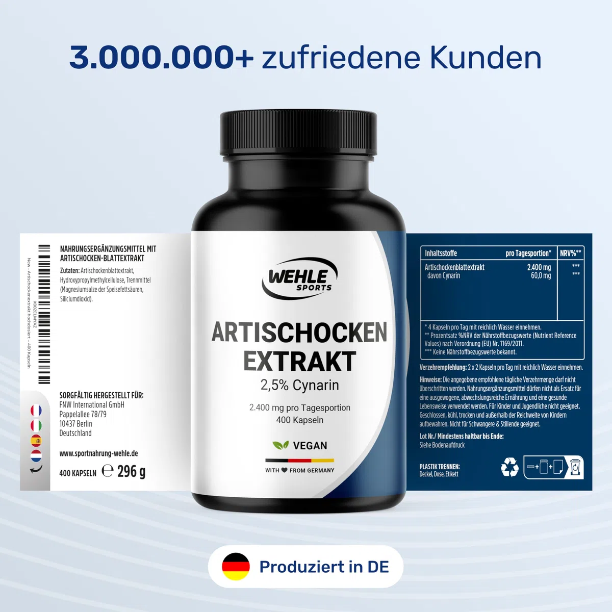 Artischockenextrakt Hochdosiert - 400 Kapseln - 2.400 mg pro Tagesdosis davon 60mg Cynarin - Artischocken Extrakt hochdosiert, Artischocke - Vegan und produziert in Deutschland