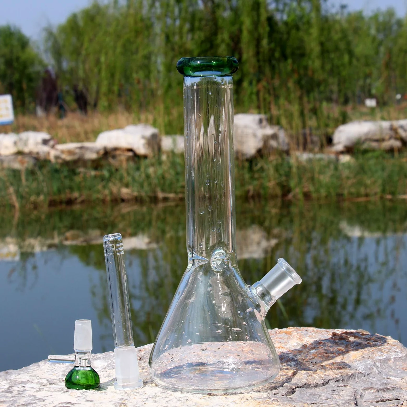 Wasserbongs zum Räuchern von Bong, Pfeifen, Glas, Bong-Schüssel, 14,5 mm mit Räucherpfeife, Zubehör, Glasbongs, 14,5 mm Wasserpfeifen, Schalen mit Bongs (Grüne pipe)