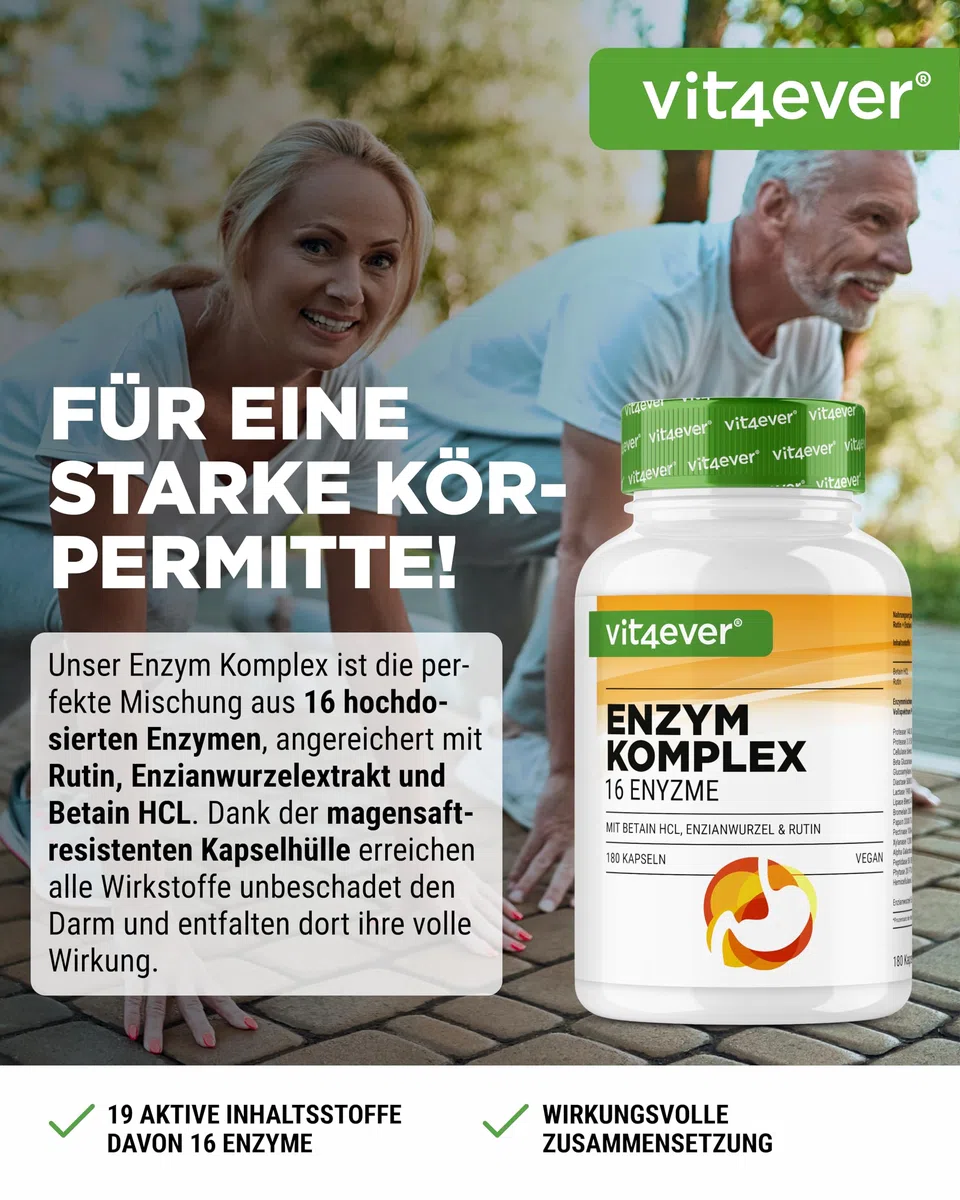 vit4ever Verdauungsenzyme - 180 Kapseln - magensaftresistent & hochdosiert | Mit Betain HCL, Rutin, Enzianwurzel + 16 Enzyme: Bromelain, Papain, Amylase, Lipase, Protease, Laktase, 90 Tage Vorrat, Vegan