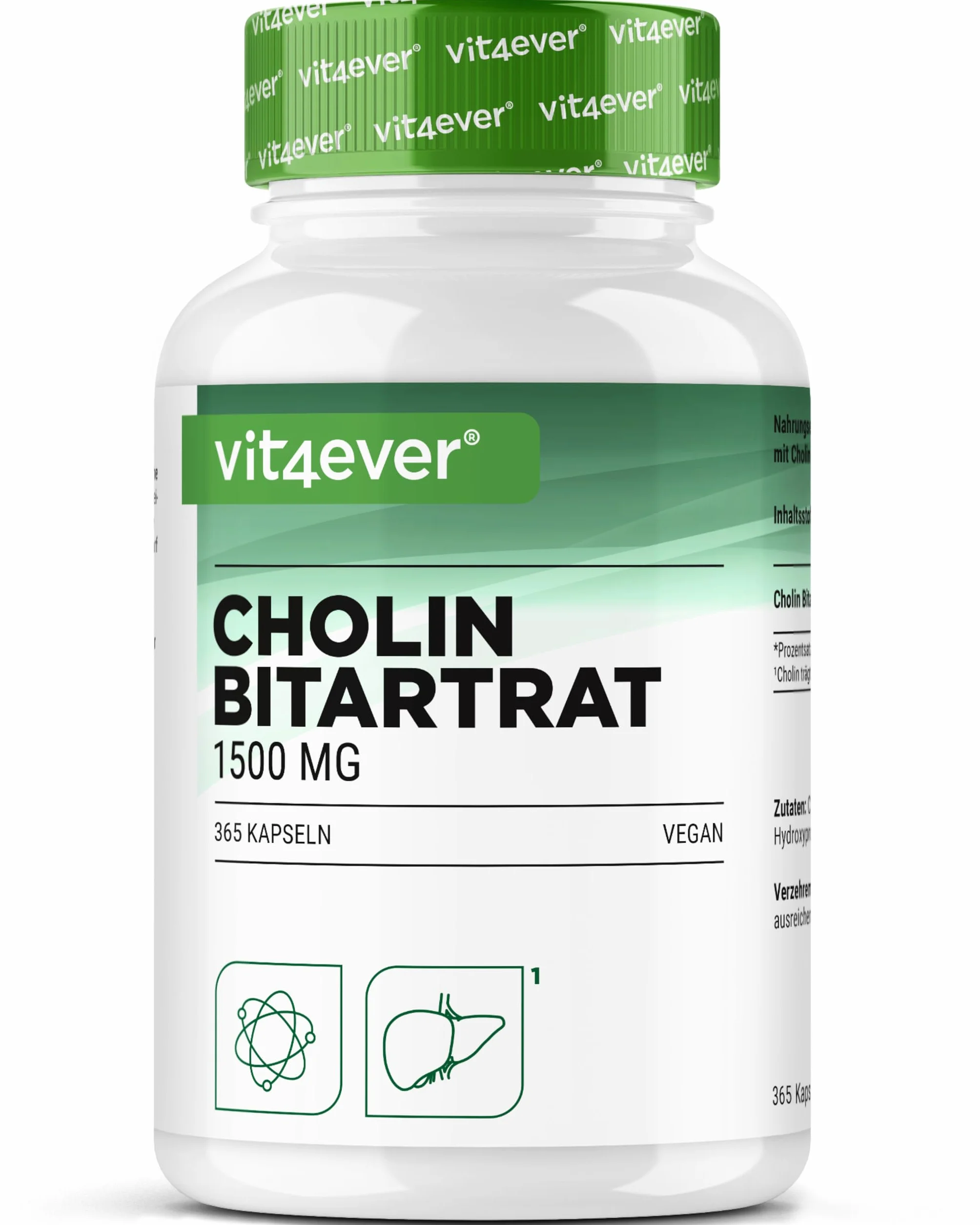 Cholin Kapseln - 365 Kapseln mit 1500 mg Cholin Bitartrat pro Tagesdosis - Über 6 Monate Reichweite - Leber, Homocystein & Fettstoffwechsel - Natürlich, hochdosiert, vegan