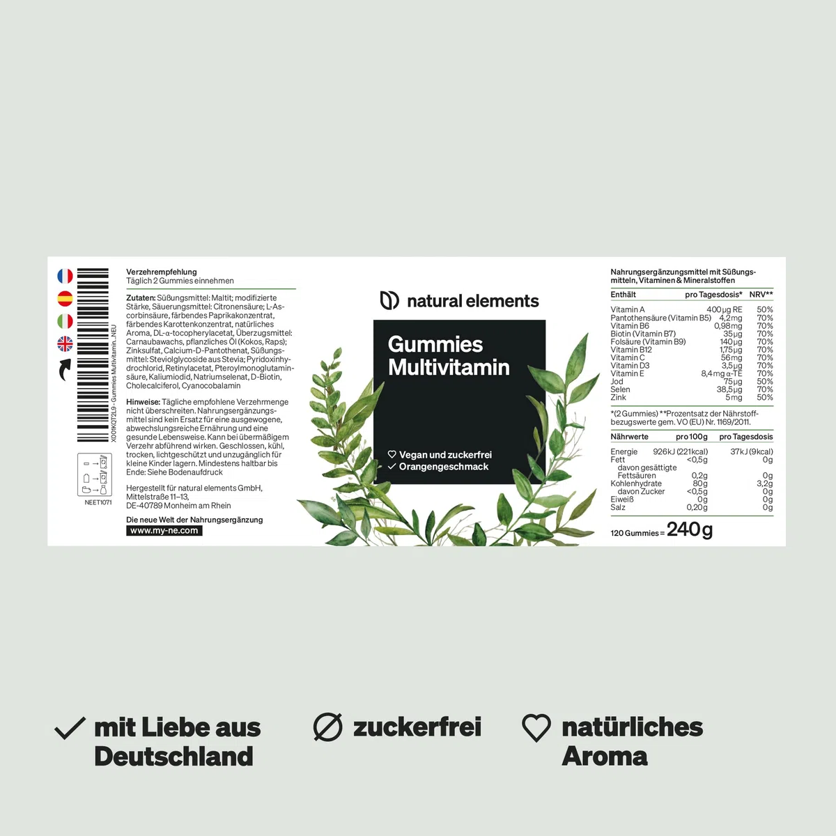 natural elements Gummies Multivitamin – 120 fruchtige Gummibärchen – natürliches Aroma – mit 12 Vitaminen und Mineralstoffen (Vitamin C, D3, Biotin, Folsäure, Zink & mehr) – laborgeprüft