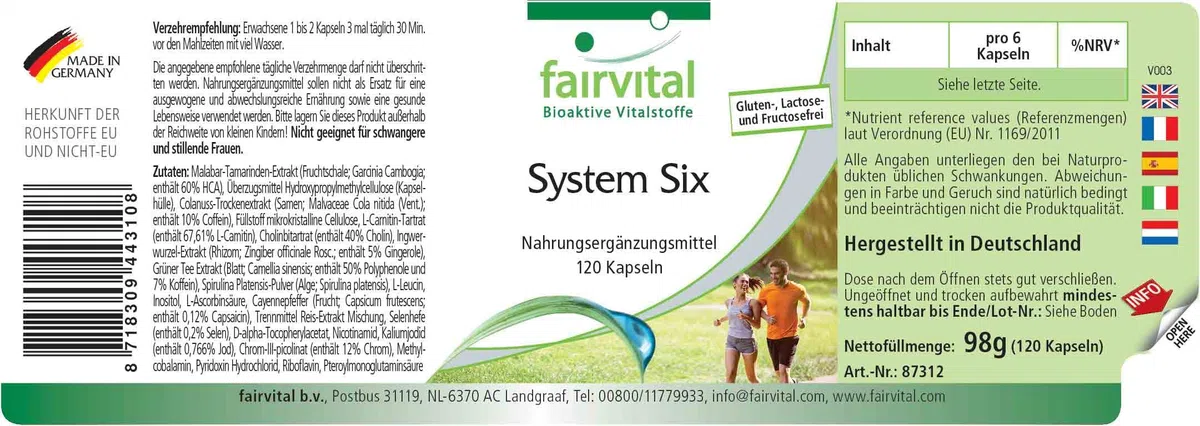fairvital System Six, VEGAN, 120 Kapseln, mit Chrom, Jod, L-Carnitin, Grüner Tee, Spirulina, Garcinia Cambogia und mehr
