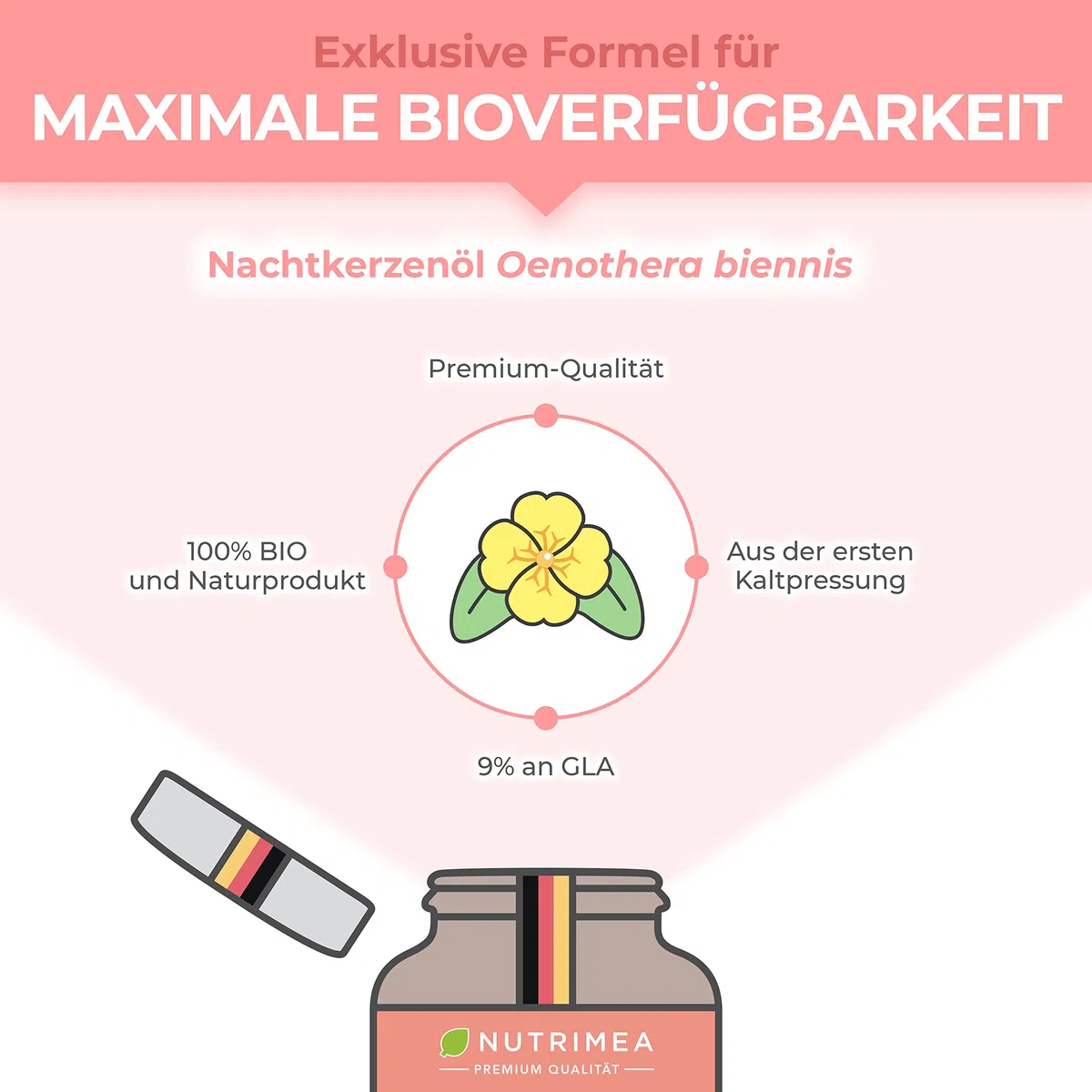 Nachtkerzenöl Bio - 1500 mg davon 135 mg GLA Tagesdosis - kaltgepresst &100% natürlich - Nahrungsergänzungsmittel bei PMS & Hautunreinheiten - Premium-Qualität - 60 Kapseln - Nutrimea