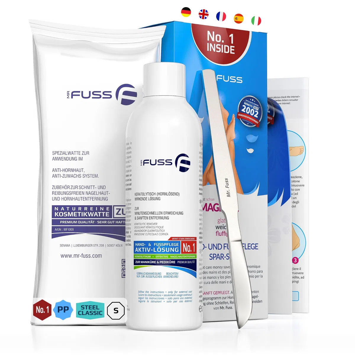 Mr. Fuss® No. 1 - Plus Pack Steel Classic Fußpflege Hornhautentferner Nagelhautentferner Sparpaket 3 tlg., Aktiv-Lösung Schnell & Stark Erweichend - Standard, 200 ml, Watte, Hornhautschaber