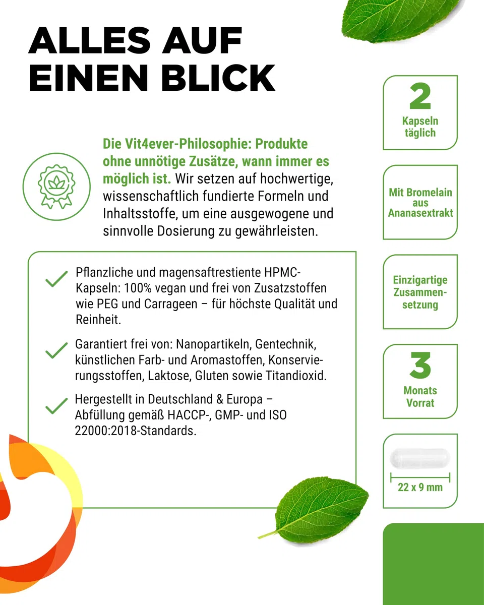 vit4ever Verdauungsenzyme - 180 Kapseln - magensaftresistent & hochdosiert | Mit Betain HCL, Rutin, Enzianwurzel + 16 Enzyme: Bromelain, Papain, Amylase, Lipase, Protease, Laktase, 90 Tage Vorrat, Vegan