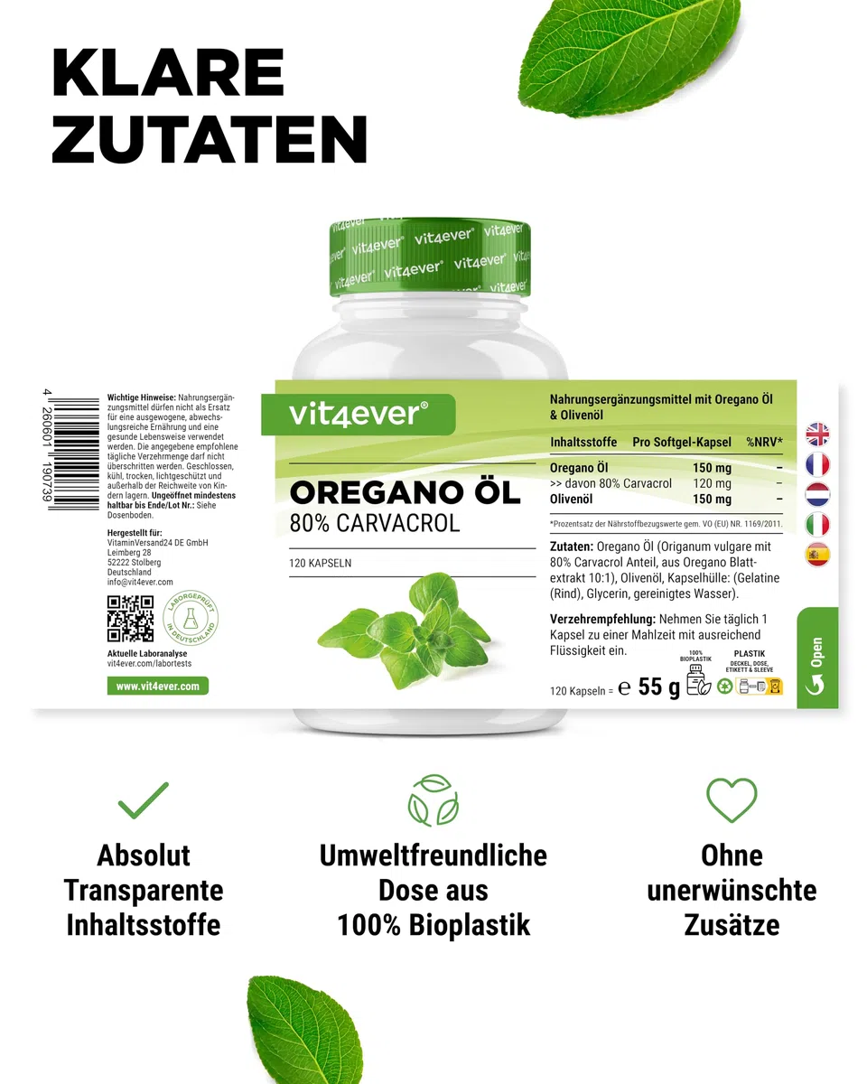 vit4ever Oregano Öl - 120 Kapseln mit 150 mg - Premium: 80% Carvacrol & 10-fach konzentriert - 100% Oreganoöl aus Frankreich - Origanum vulgare - Laborgeprüft - Hochdosiert