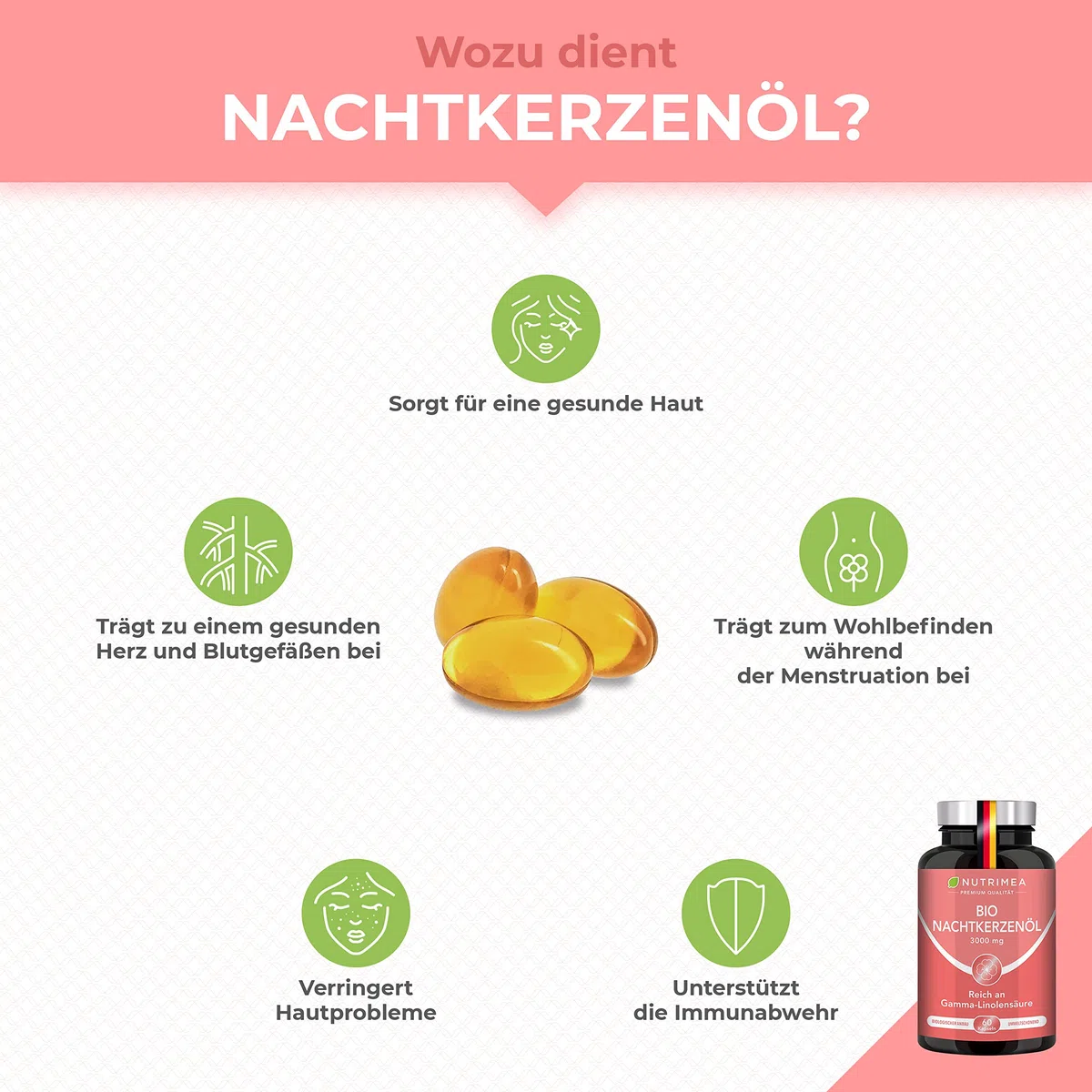 Nachtkerzenöl Bio - 1500 mg davon 135 mg GLA Tagesdosis - kaltgepresst &100% natürlich - Nahrungsergänzungsmittel bei PMS & Hautunreinheiten - Premium-Qualität - 60 Kapseln - Nutrimea