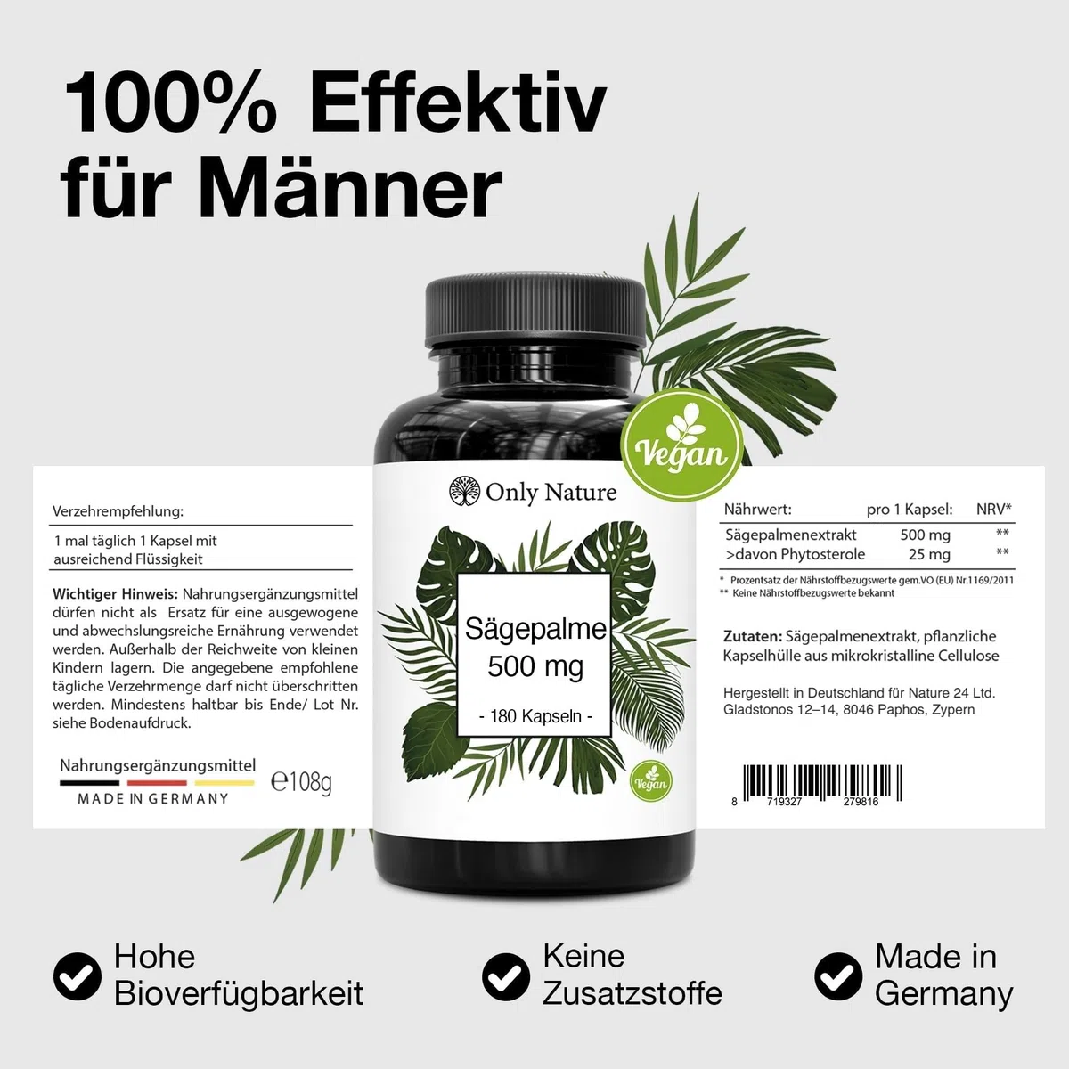 Only Nature Sägepalmenextrakt 500 mg - 180 Prosta Kapseln - Natürlich & Wirksam - in Deutschland produziert & Laborgeprüft - Sägepalme Prostata Kapseln