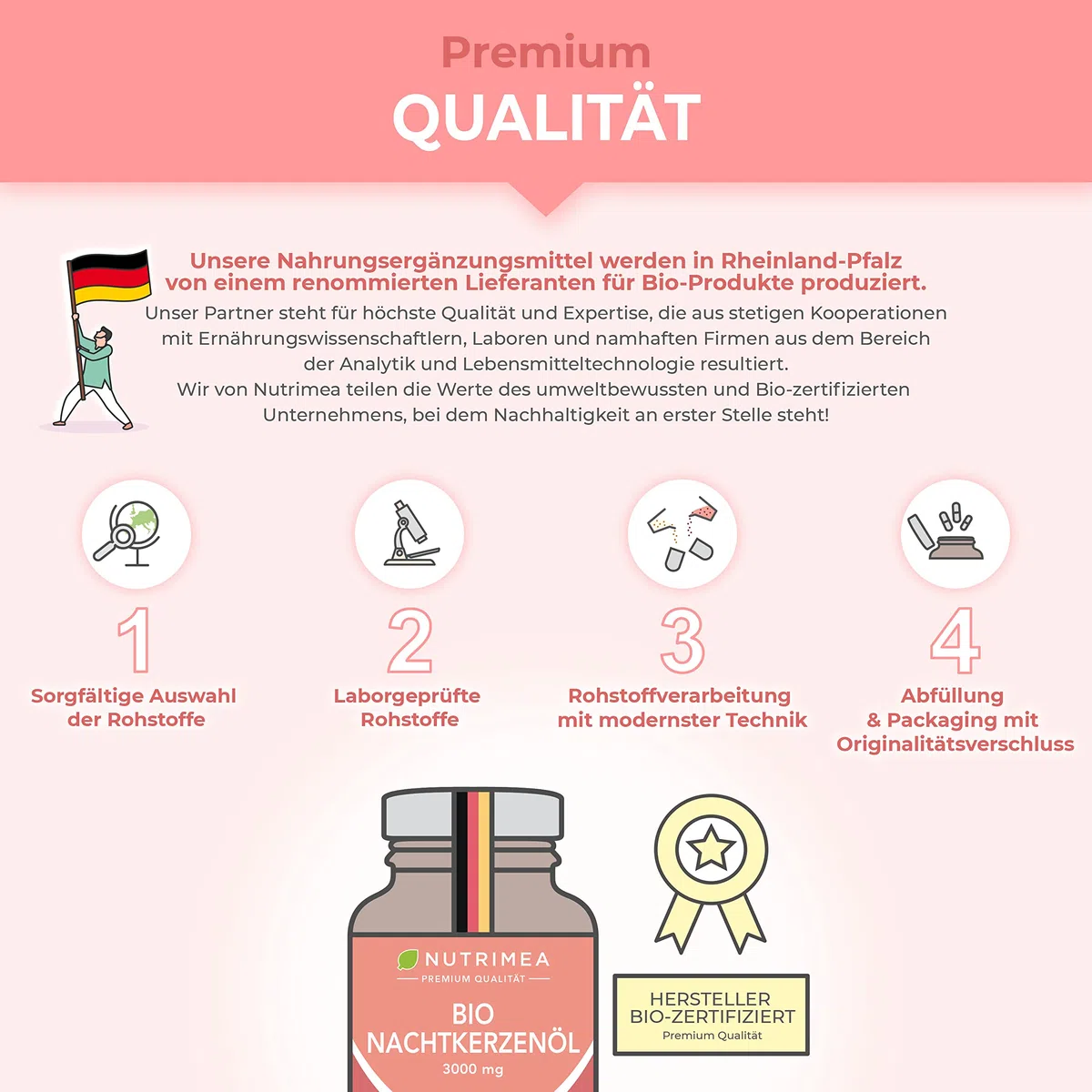 Nachtkerzenöl Bio - 1500 mg davon 135 mg GLA Tagesdosis - kaltgepresst &100% natürlich - Nahrungsergänzungsmittel bei PMS & Hautunreinheiten - Premium-Qualität - 60 Kapseln - Nutrimea