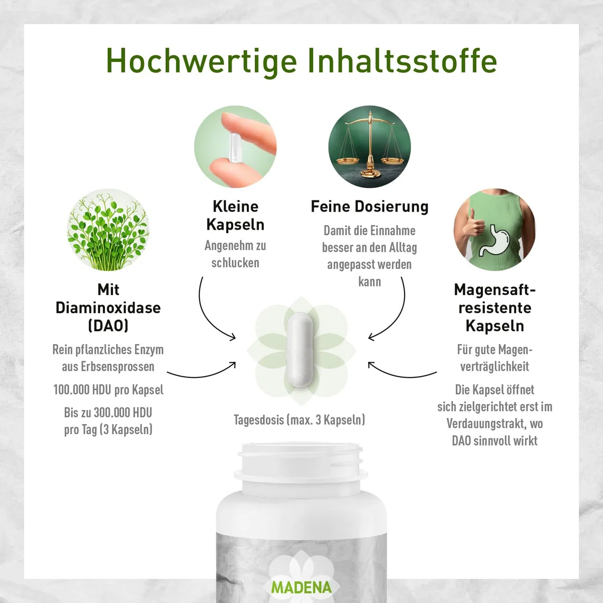 MADENA DAO pur, 120 Kapseln mit Diaminoxidase DAO Enzym hochdosiert aus Erbsensprossen, 100.000 HDU pro Kapsel, vegan und laktosefrei, ideal in Kombination mit MADENA HistaVital & HistaEx