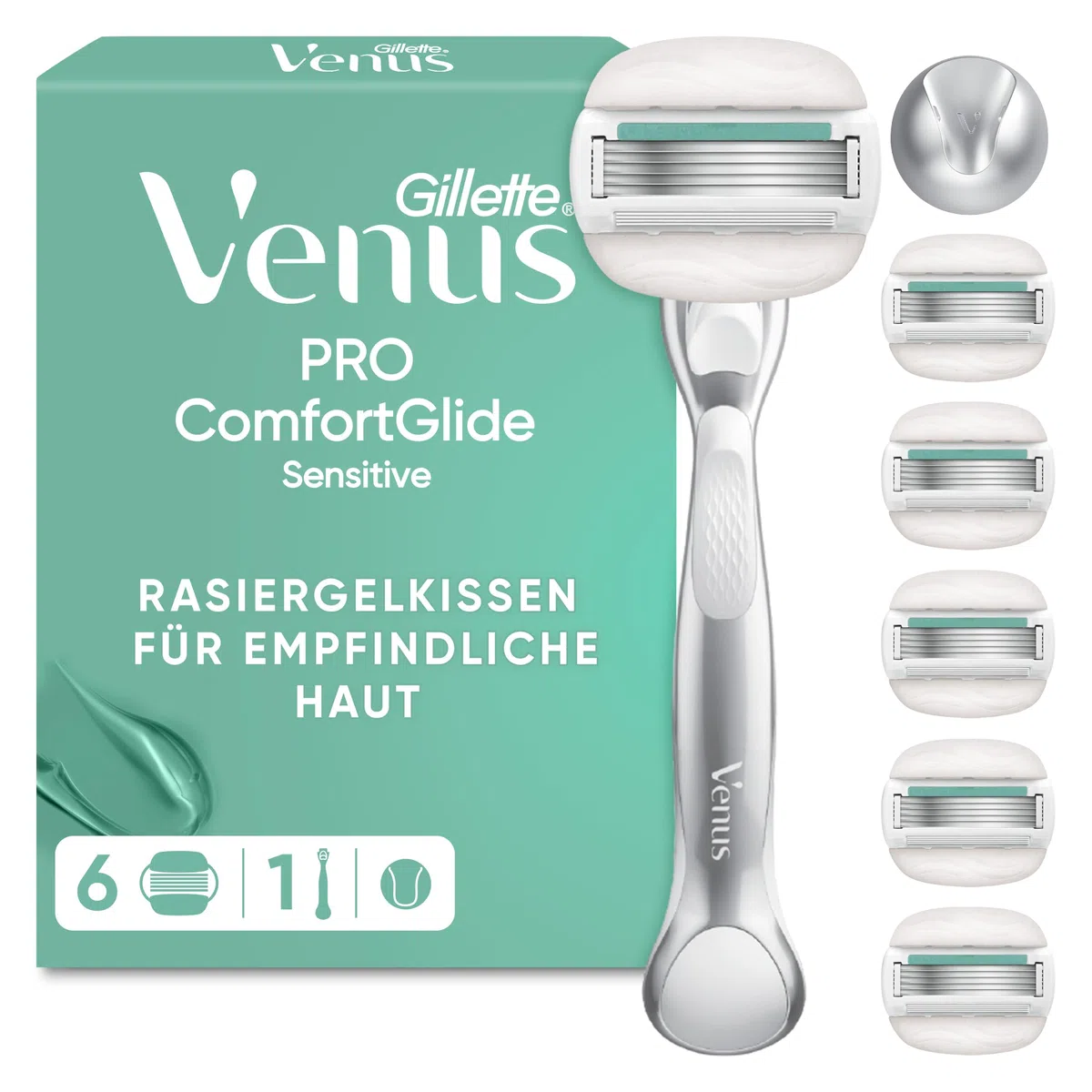 Gillette Venus Pro Comfortglide Sensitive Rasierer Damen, Nassrasierer mit Einem Hauch von Aloe Vera — Inkl. 6 Ersatzklingen, Langlebiges Metallhandstück und Duschhalterung — Silber