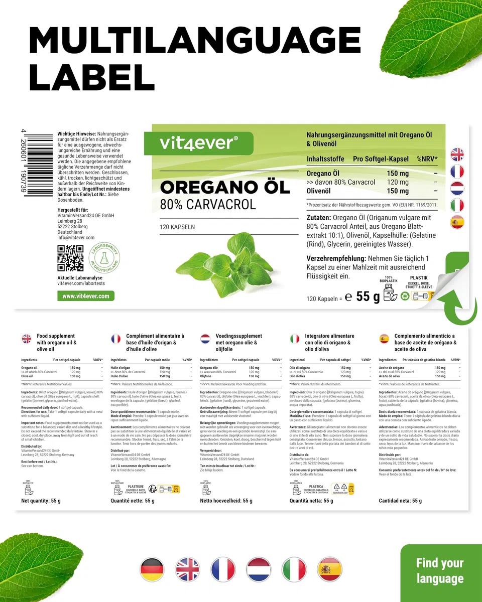 vit4ever Oregano Öl - 120 Kapseln mit 150 mg - Premium: 80% Carvacrol & 10-fach konzentriert - 100% Oreganoöl aus Frankreich - Origanum vulgare - Laborgeprüft - Hochdosiert