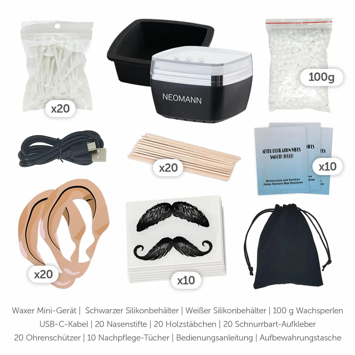 Waxer Mini – Mobiles Waxing Set mit USB-C Anschluss & Etui – Mini Wachserhitzer inkl. 100g Wachsperlen & Applikatoren – Ideal für Nase, Augenbrauen & Gesicht unterwegs