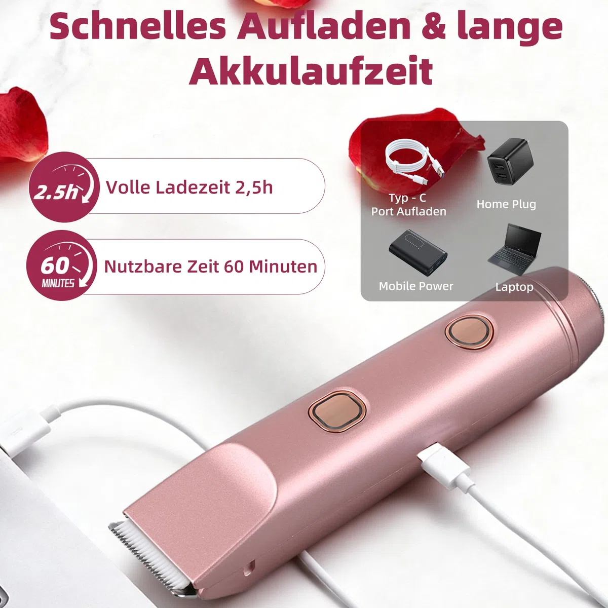 Carehabi Rasierer Damen und Intimrasierer für Frauen 2-in-1 Elektrischer Bikini Trimmer mit Keramikklinge IPX7 Wasserdicht Leiser Damenrasierer Gesichtshaarentferner Typ-C 0.14kg Roségold