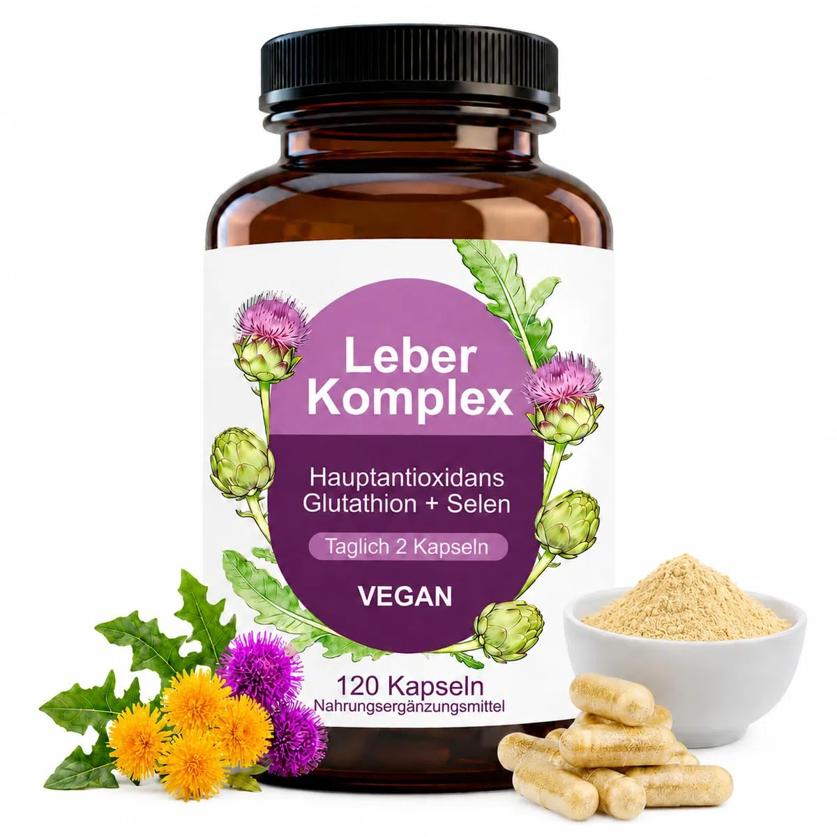 Leber Komplex, Mariendistel Kapseln, Artischocke, Löwenzahn, Kurkuma, Glutathion & Cholin, Vegan