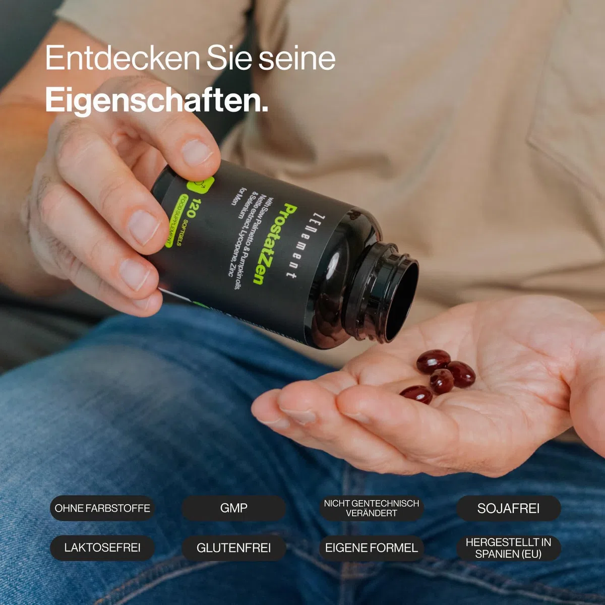 ProstatZen mit Ölen von Sägepalme und Kürbis, Brennnesselextrakt, Lycopin, Zink und Selen – Synergetische Formel für das Wohlbefinden von Männern – 120 Weichkapseln – Zenement