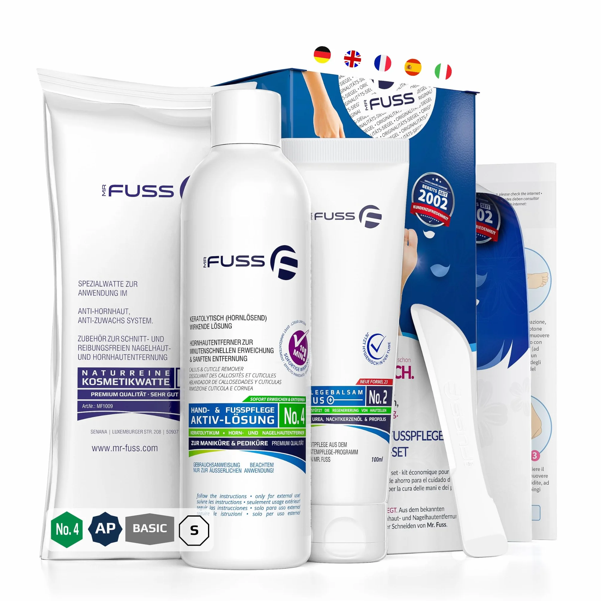 Mr. Fuss Hornhautentferner Aktiv Lösung No. 4 Advanced Pack (klein) Hornhaut entfernen ohne Schleifen oder Reiben Systempaket 4-teilig zur Hornhaut- und Nagelhautentfernung