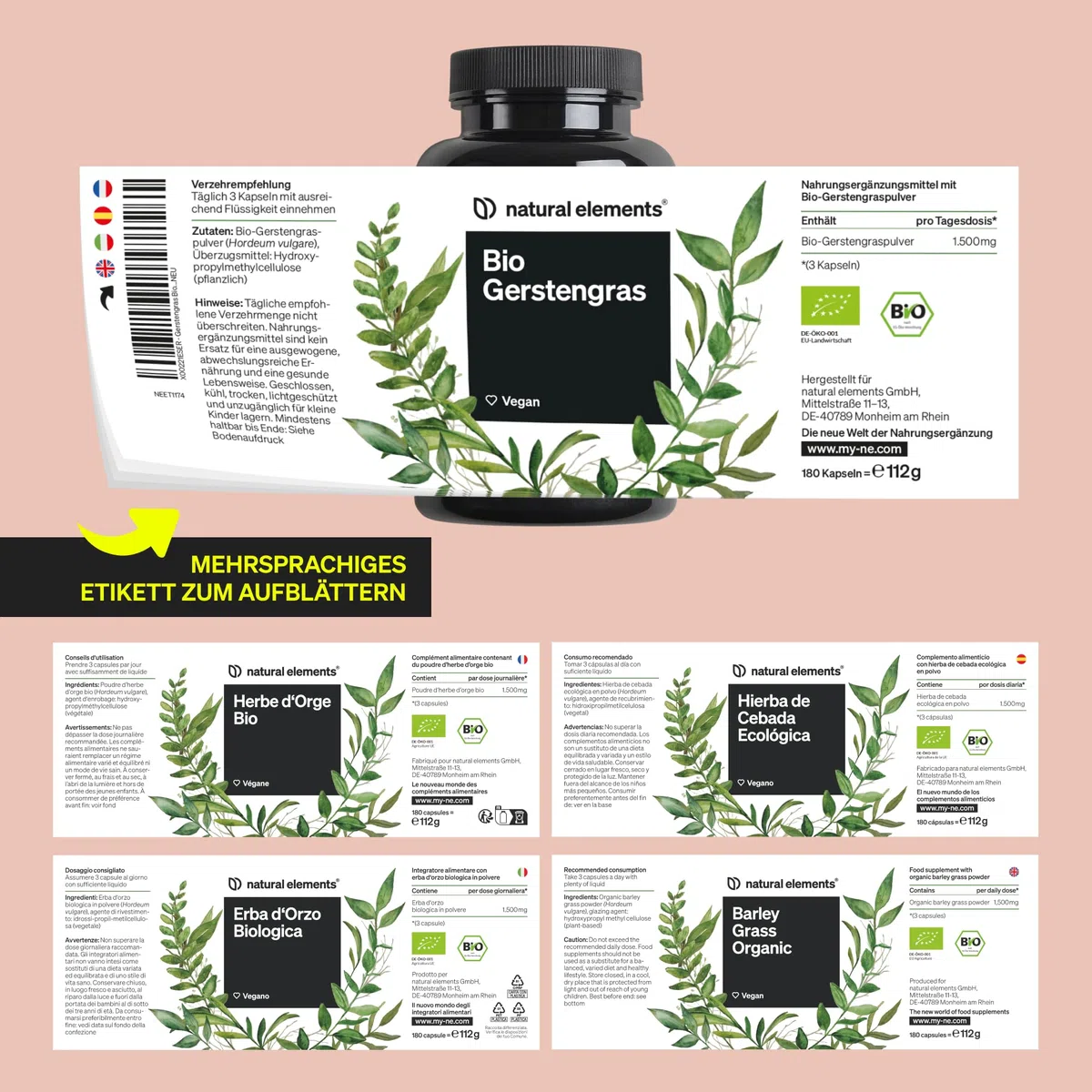 natural elements Bio Gerstengras – 1500mg je Tagesdosis – aus deutschem Anbau – 180 Kapseln – vegan, hochdosiert, ohne unnötige Zusätze – in Deutschland produziert & laborgeprüft