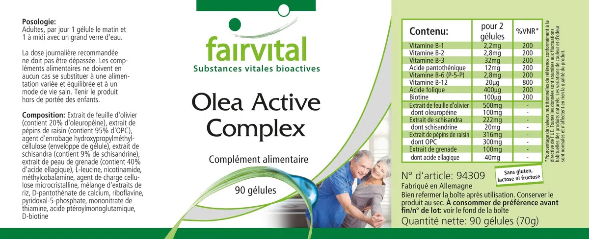 fairvital Olea Active Complex, 90 Kapseln, VEGAN, Kombination aus B-Vitaminen, Folsäure, Olivenblatt, Schisandra, Granatapfel und OPC
