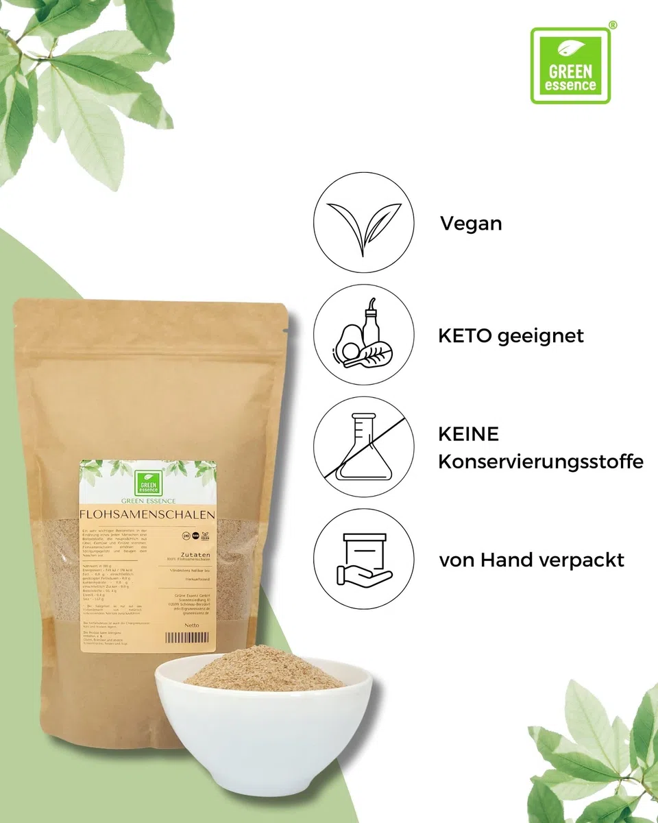 Flohsamenschalen 1 kg (2X500g) - natürliche Ballaststoffe von Green Essence - Flohsamenschalen gemahlen - vegan - Low Carb - Ballaststoffreich - ohne Zusätze - Ersatz für Mehl in Keto-Diät