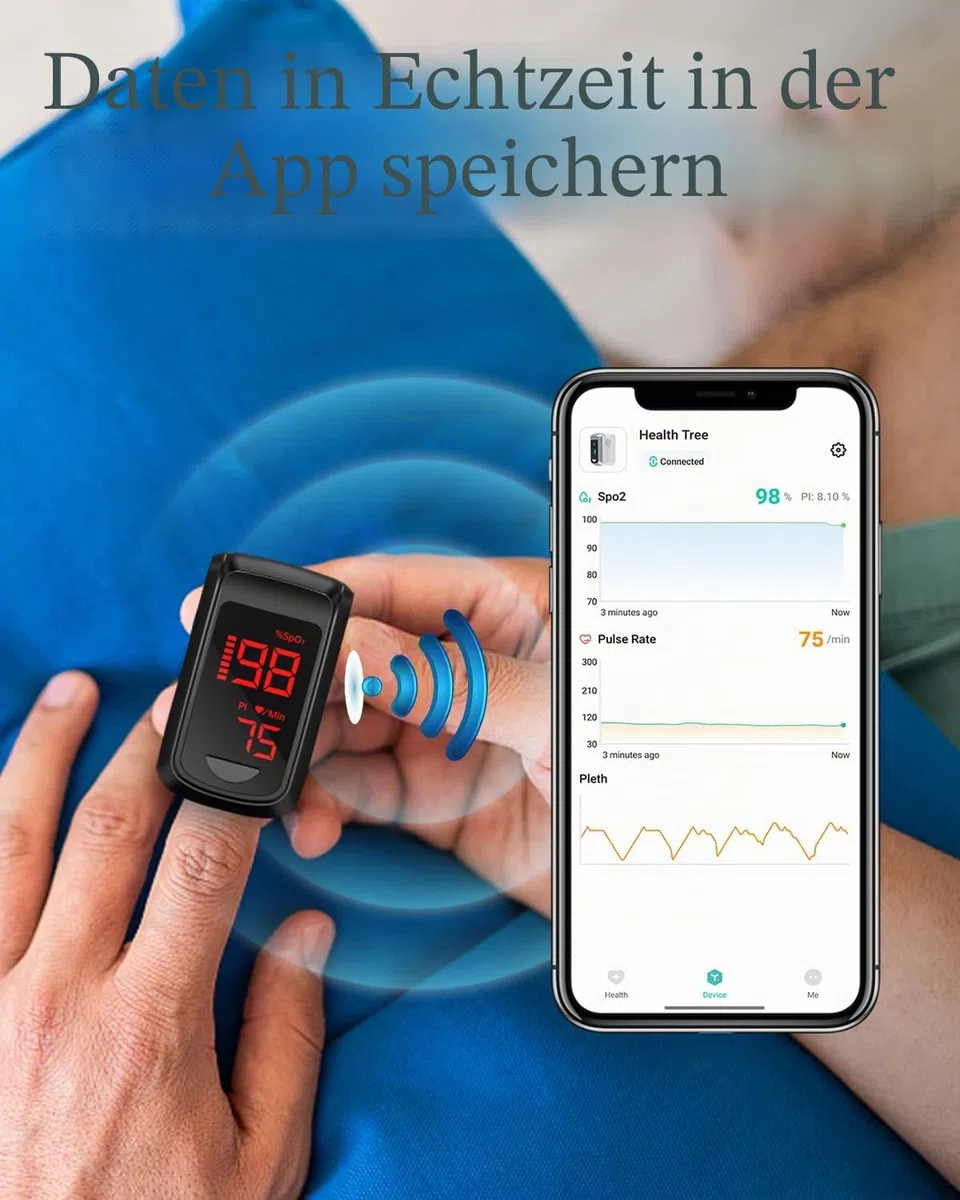 Pulsioximetro Bluetooth Con APP Gratis, Monitor von Oxigeno dedo Adultos para Ritmo Cardiaco Saturacion von Oxigeno in Blut, inklusive Tasche und Lanyard()