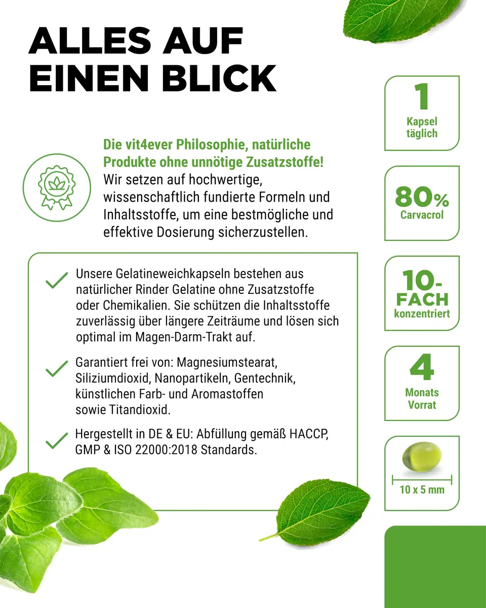 vit4ever Oregano Öl - 120 Kapseln mit 150 mg - Premium: 80% Carvacrol & 10-fach konzentriert - 100% Oreganoöl aus Frankreich - Origanum vulgare - Laborgeprüft - Hochdosiert