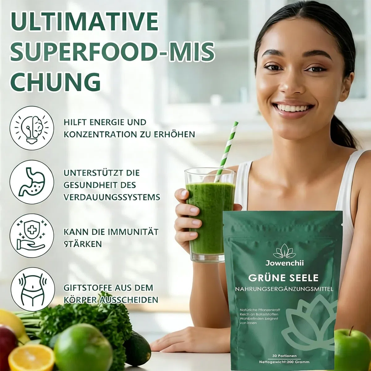 Grüne Entgiftungspulver, 200g Superfood Pulver, Greens Pulver helfer, Pflanzenpulver mit Matcha, Gerstengras, Heidelbeeren, Rich in Macronutrients, Micronutrients & Fiber