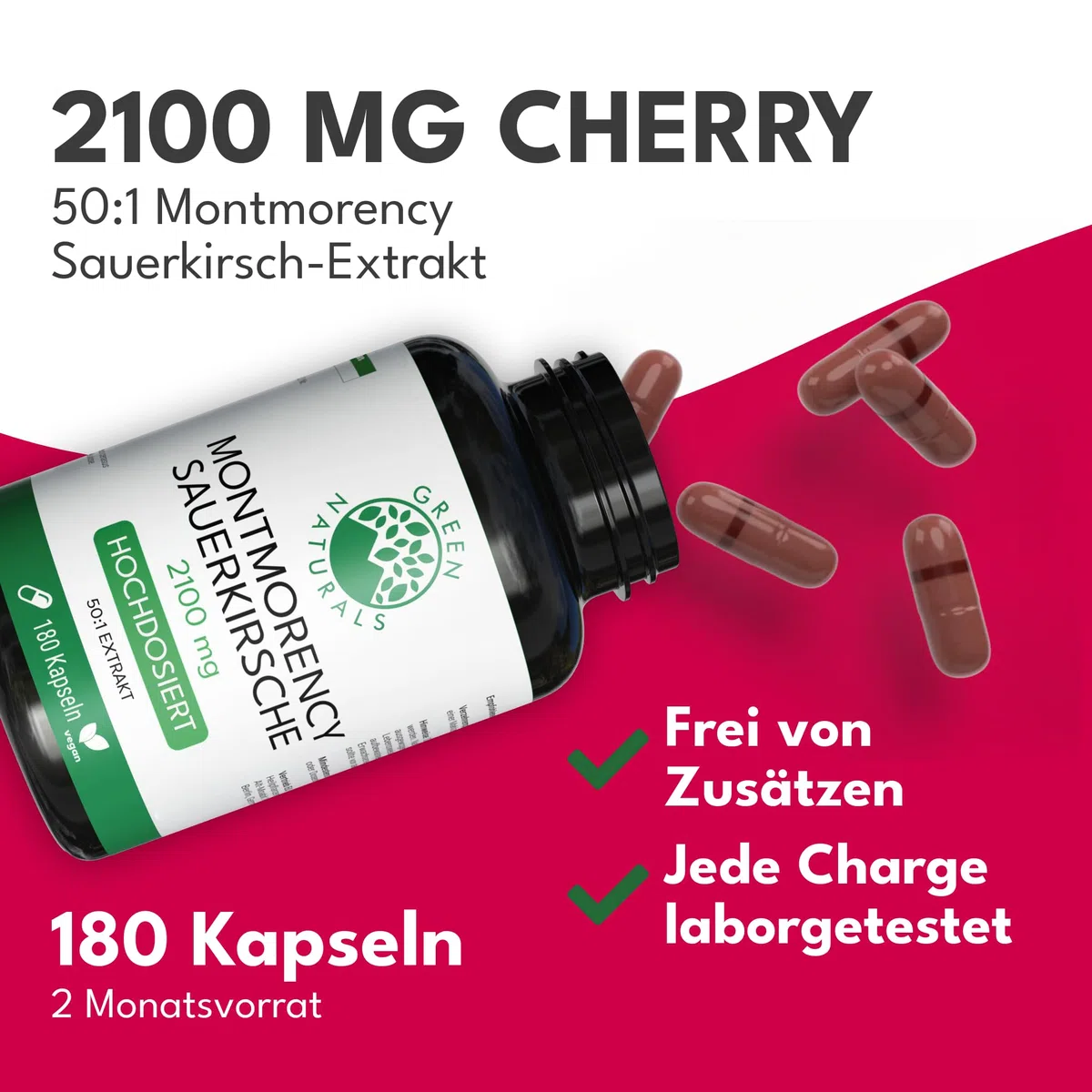 Green Naturals Montmorency Sauerkirsche – Hochdosiert: 2.100 mg Extrakt | 50:1 pro Tagesdosis · Entspricht 105.000 mg Sauerkirsch-Frucht · Aus der ganzen Frucht · 180 Kapseln