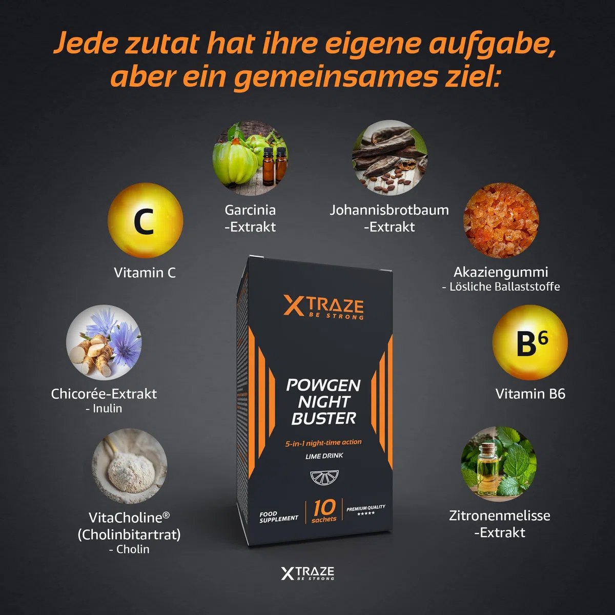 Garcinia Cambogia, Zitronenmelisse, Zichorie, Johannisbrotfrucht, Vitamin C, Vitamin B6 und Cholin | Thermogenisch und Ballaststoffreich | 30 Beutel für 30 Tage | XTRAZE Powgen Night Buster