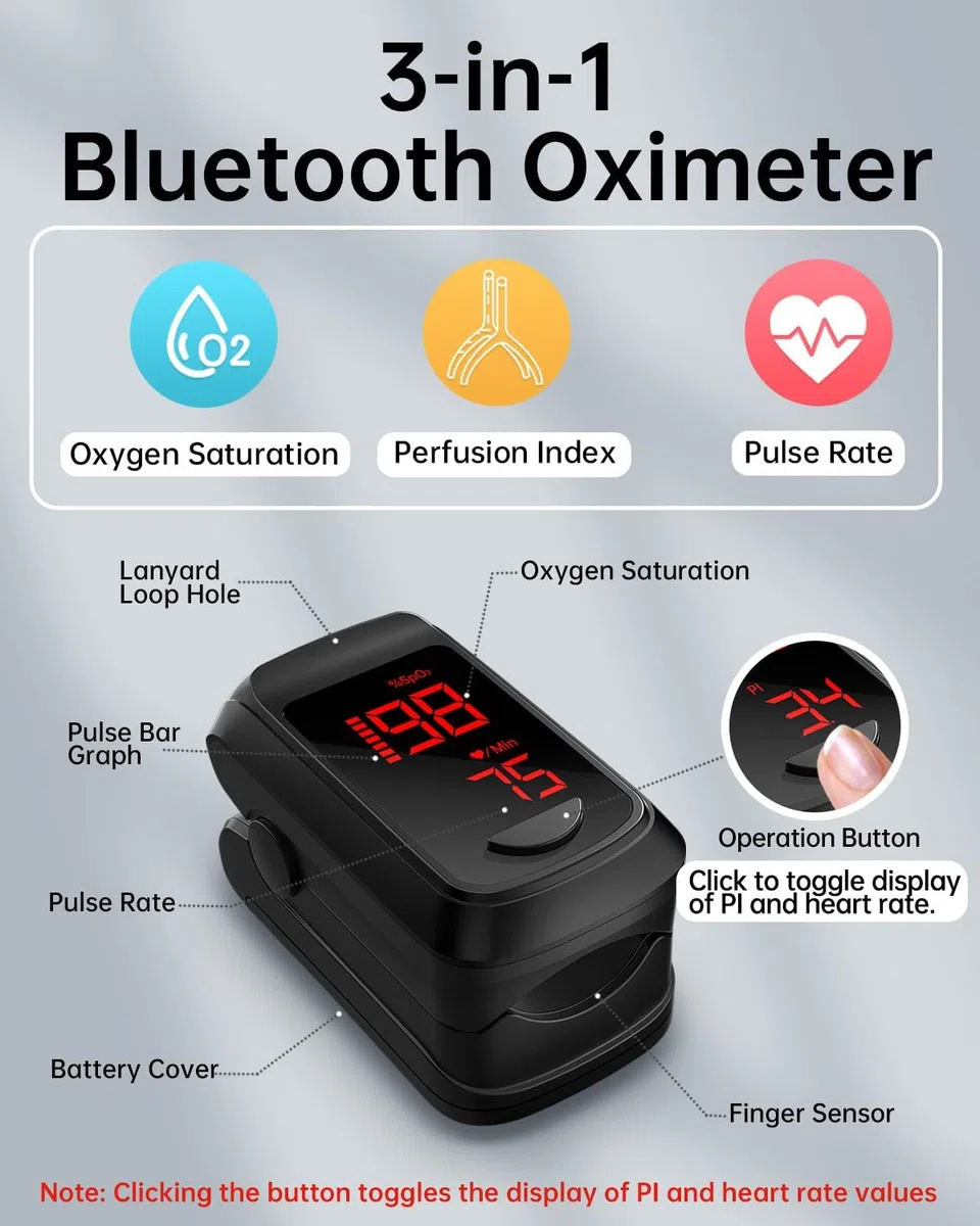 Pulsioximetro Bluetooth Con APP Gratis, Monitor von Oxigeno dedo Adultos para Ritmo Cardiaco Saturacion von Oxigeno in Blut, inklusive Tasche und Lanyard()