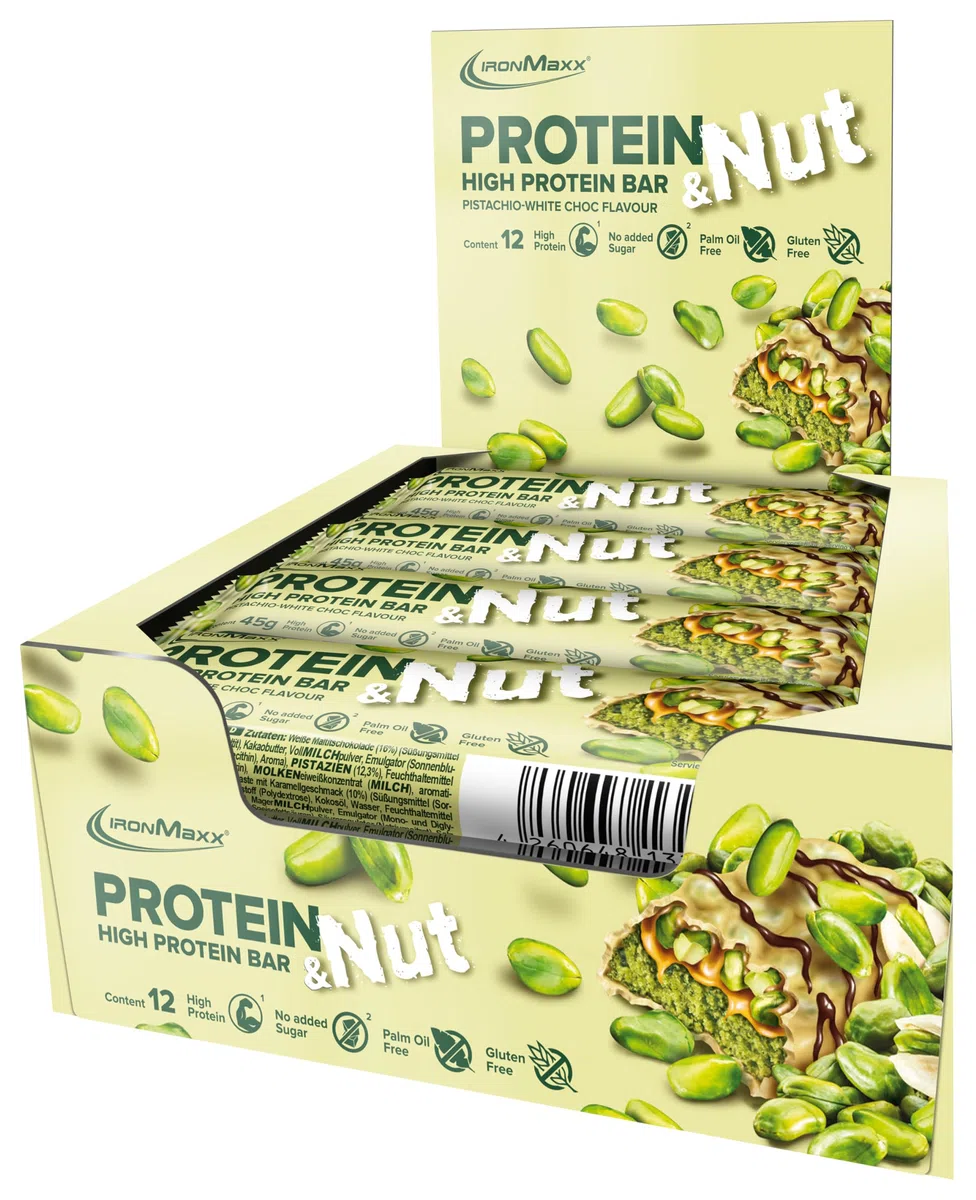 IronMaxx Protein & Nut Proteinriegel - Pistachio White Choc 12 x 45g | High-Protein-Bar mit echten Pistazien | Eiweißriegel glutenfrei, ohne zugesetzte Zucker und palmölfrei