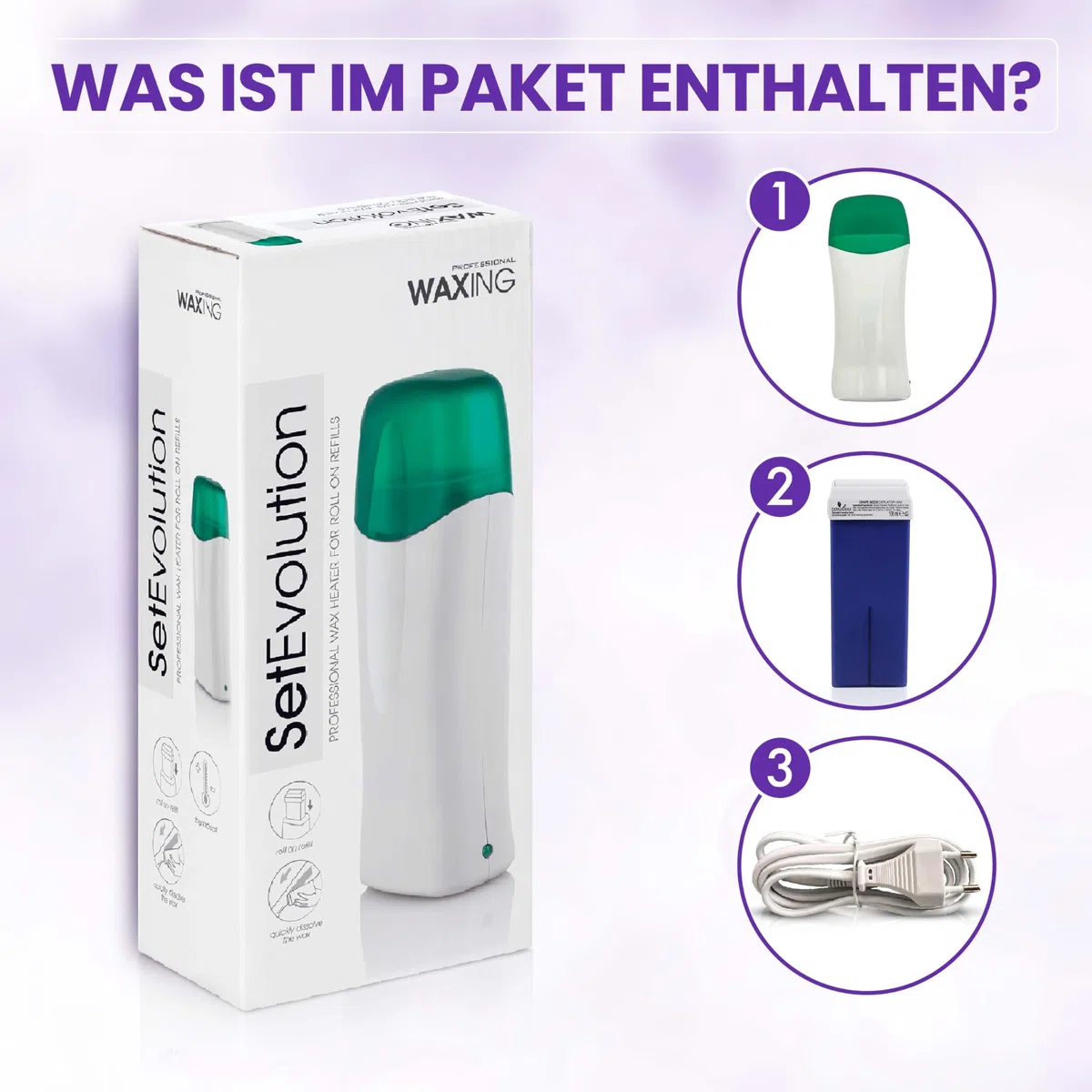 Dermawax Roll-On Wachswärmer Set – 100 ml Weintraube Warmwachs Wachspatrone für Haarentfernung, Anwendung mit Vliesstreifen für Beine, Arme, Rücken –Titanium Dioxid Wachs für empfindliche Haut