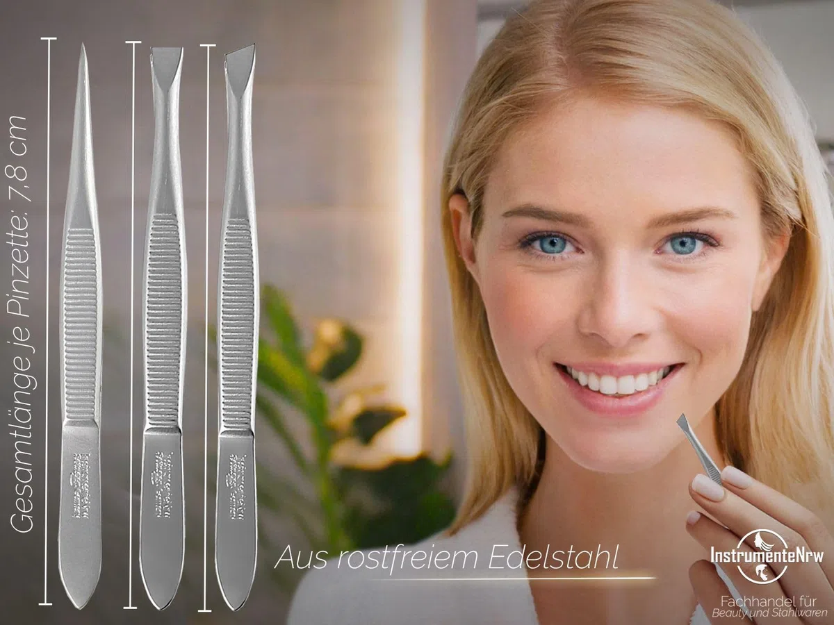Solingen Profi Pinzetten Set Haar Zupfpinzetten 3-Teilig Spitz Gerade Schräg Präzise Made in Germany Solinger Augenbrauenpinzette aus rostfreiem Edelstahl