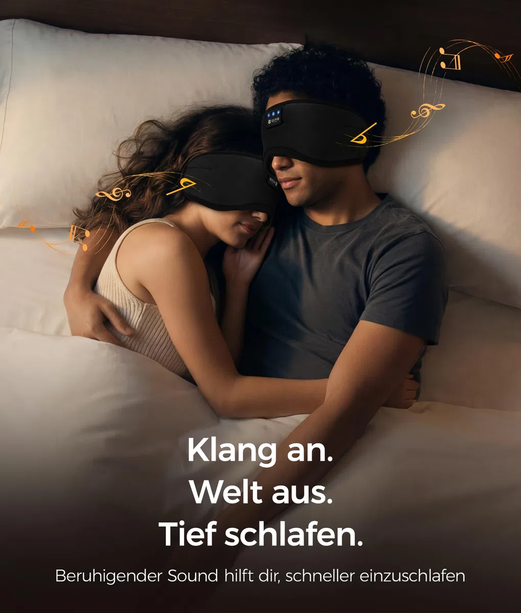 LOVE EYE Bluetooth Schlafmaske für Seitenschläfer, ultraflache Kopfhörer, lichtdicht & waschbar, verstellbares Kopfband, atmungsaktiv, ideal für Reisen & Entspannung ((Schwarz)