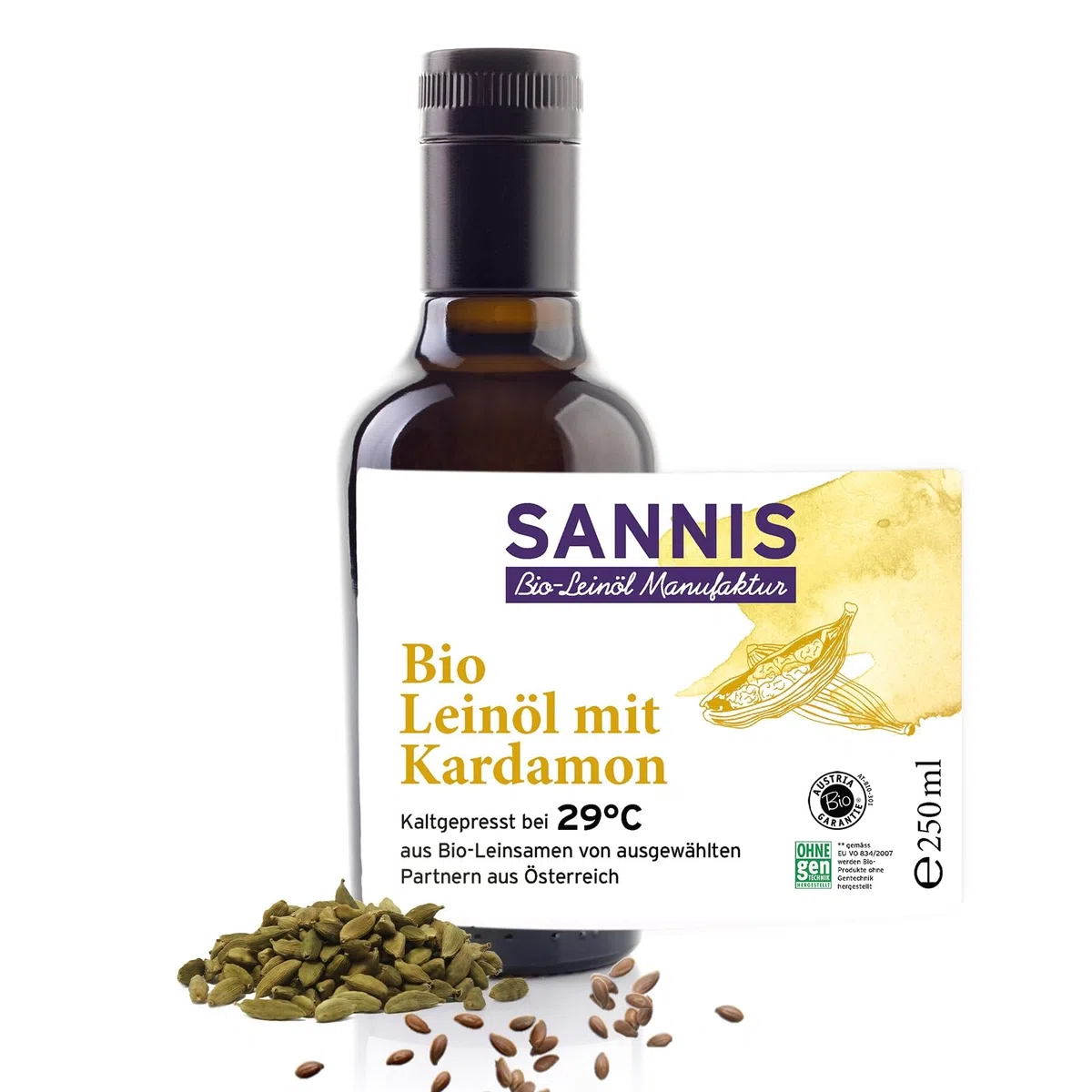 Sannis Bio-Leinöl mit Kardamom 250 ml I Leinsamenöl aus kontrolliert biologischem Anbau I kaltgepresst & ungefiltert I reich an Omega-3-Fettsäuren I Leinöl ideal für Salat, Nudeln & Müsli