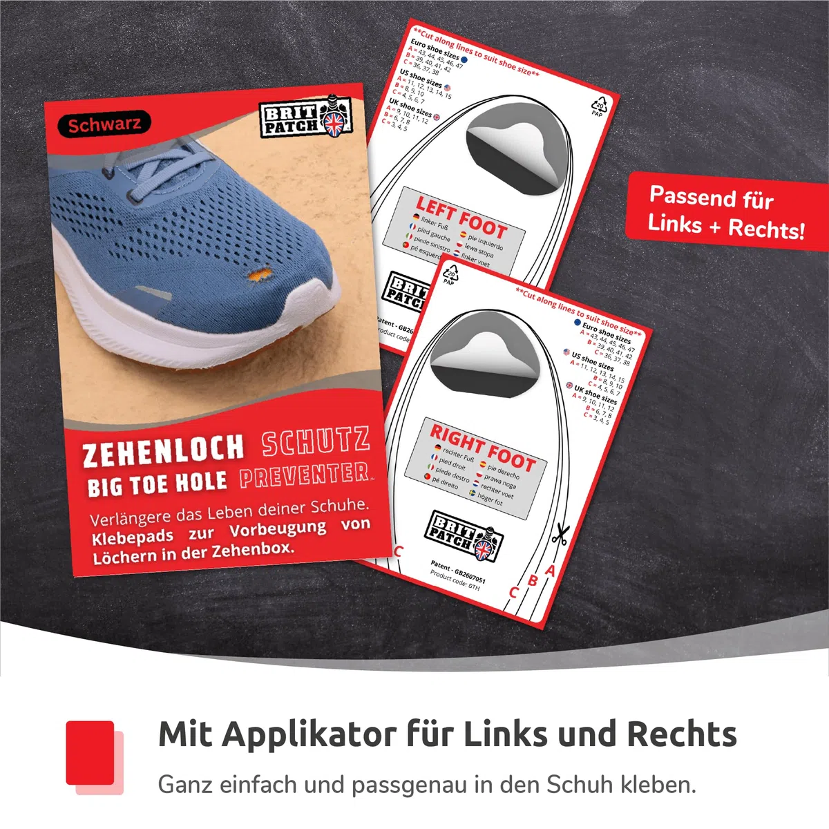 Zehenloch Schutz (BIG TOE HOLE PREVENTER) Selbstklebende Flicken zum Reparieren & Vorbeugen von Löchern am großen Zeh. Ideal für Sneaker und Sportschuhe. BRIT PATCH. [Schwarz, 4 Stk. (L+R) SPARPACK]
