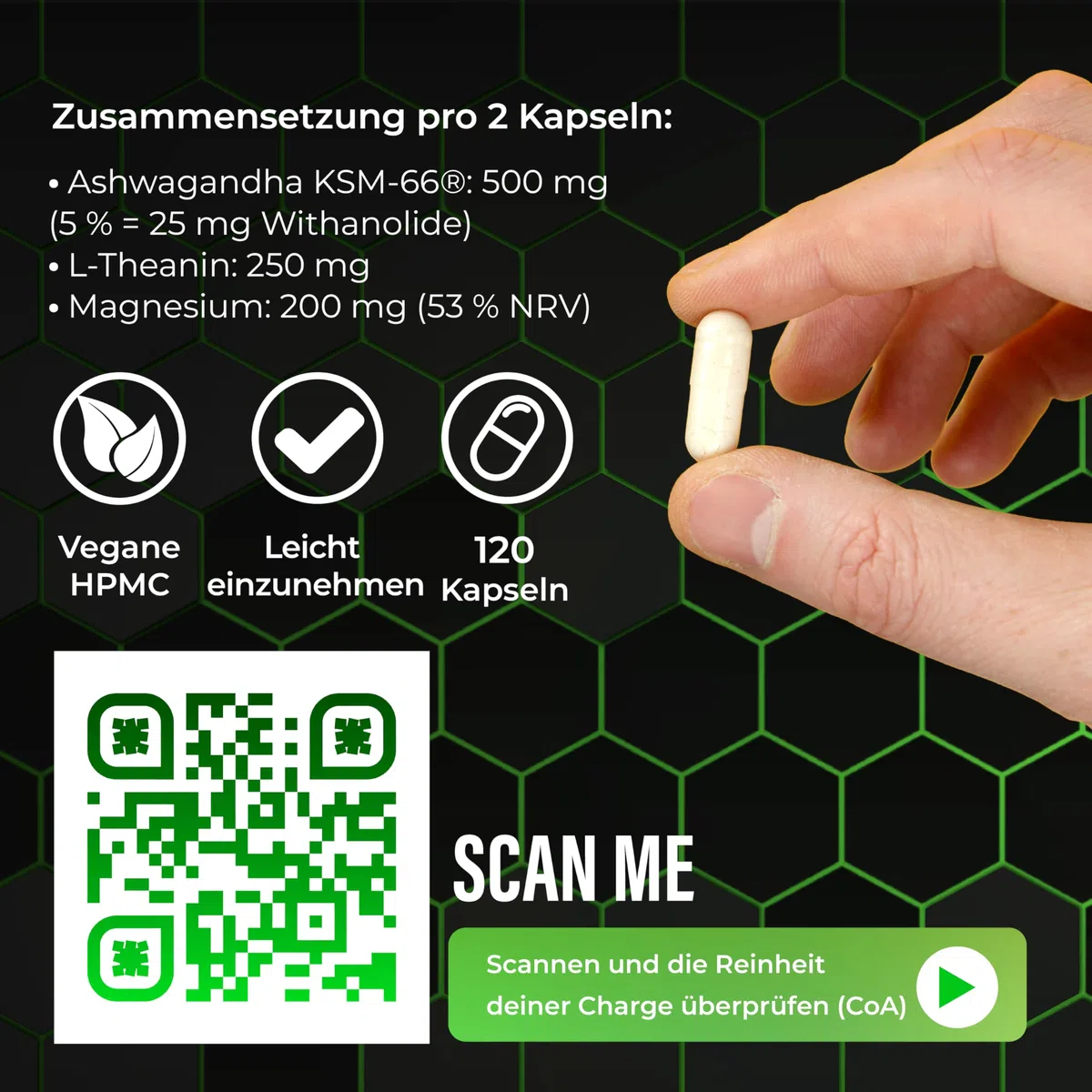 Ashwagandha KSM-66 mit L-Theanin und Magnesiumbisglycinat | 3-in-1-Komplexformel für deine tägliche Wellness-Routine | Hohe Reinheit | 120 vegane Kapseln | Naturgizer+
