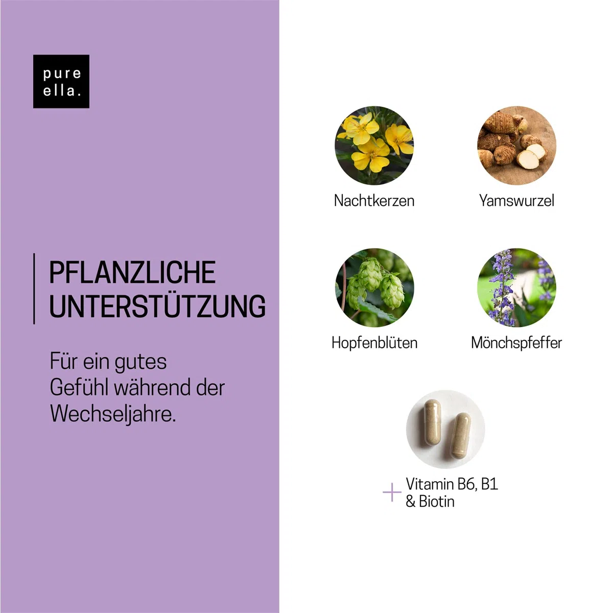 Pure Ella WECHSELJAHRE - Vitalstoffkomplex für Frauen bei Symptomen der Wechseljahre - Enthält Nachtkerzenöl, Yamswurzel und Mönchspfeffer - Natürlich, Hormonfrei, Vegan - 60 Menopause Kapseln