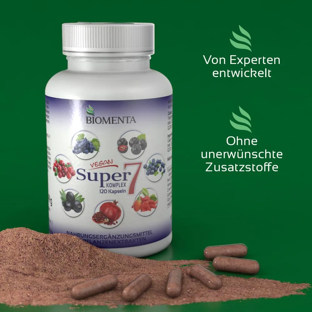 BIOMENTA Super 7 – 120 vegane Multifrucht Superfruit Kapseln – Superfood Mix hochdosiert mit Obst aus: OPC, Cranberry, Goji, Aronia, Granatapfel, Acai & Heidelbeeren - Premiumqualität