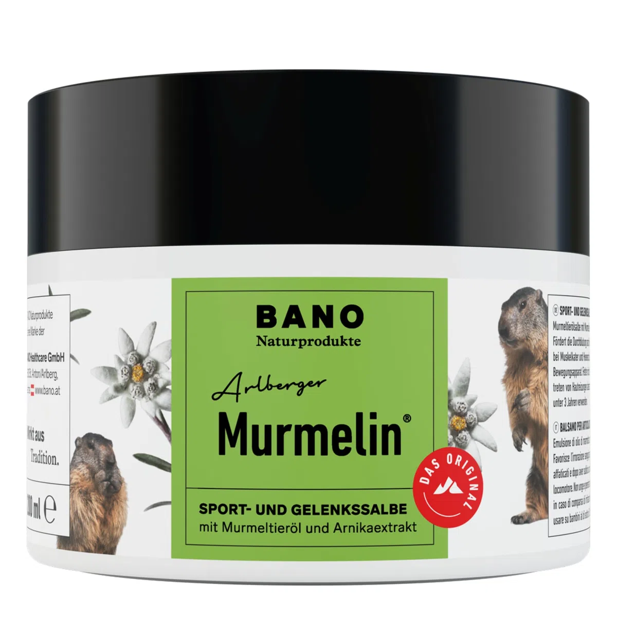 BANO Murmelin Murmeltiersalbe 200 ml | Original Sport- und Gelenksalbe mit Murmeltieröl, Arnika & Menthol |wohltuend bei Verspannungen & nach Sport | Made in Austria