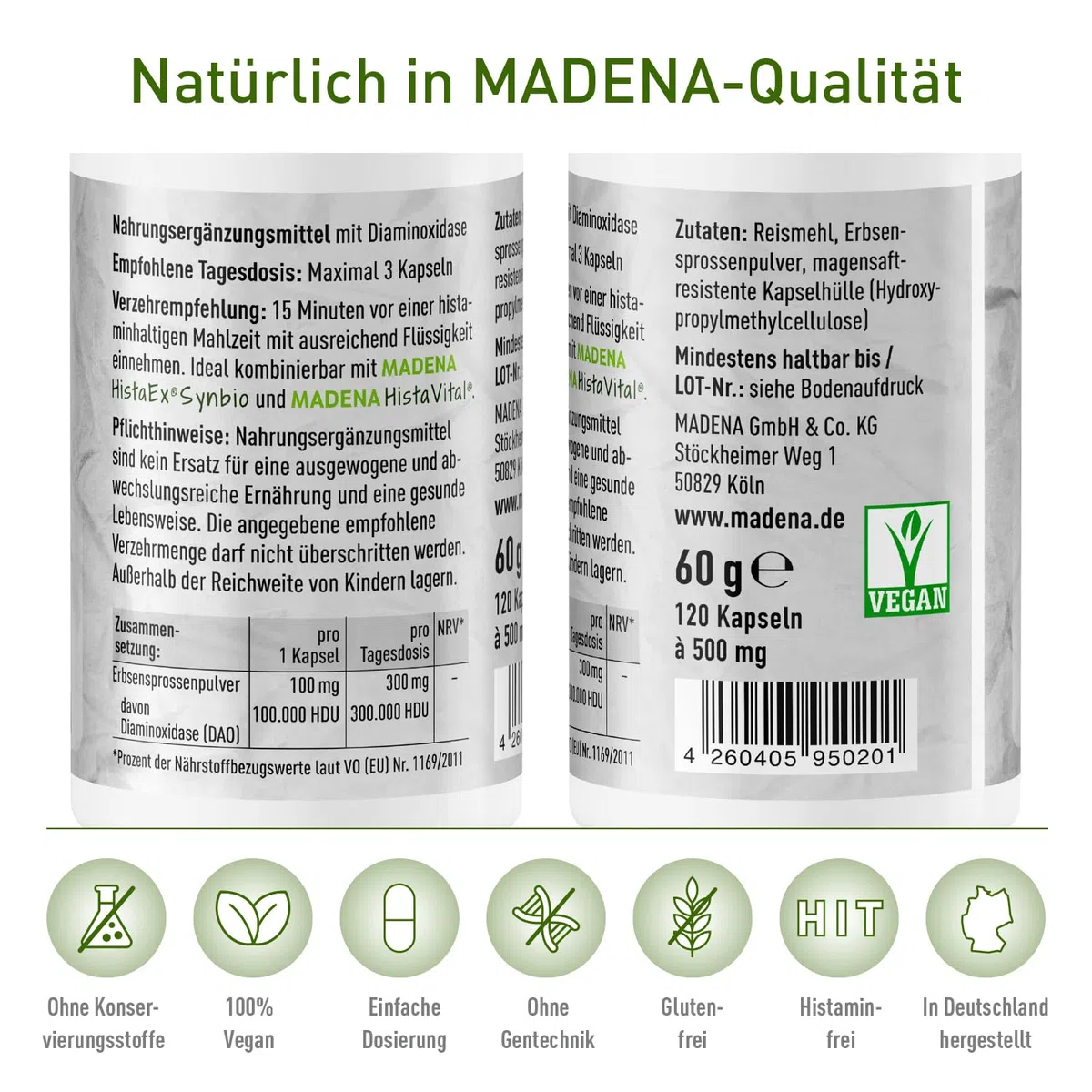 MADENA DAO pur, 120 Kapseln mit Diaminoxidase DAO Enzym hochdosiert aus Erbsensprossen, 100.000 HDU pro Kapsel, vegan und laktosefrei, ideal in Kombination mit MADENA HistaVital & HistaEx