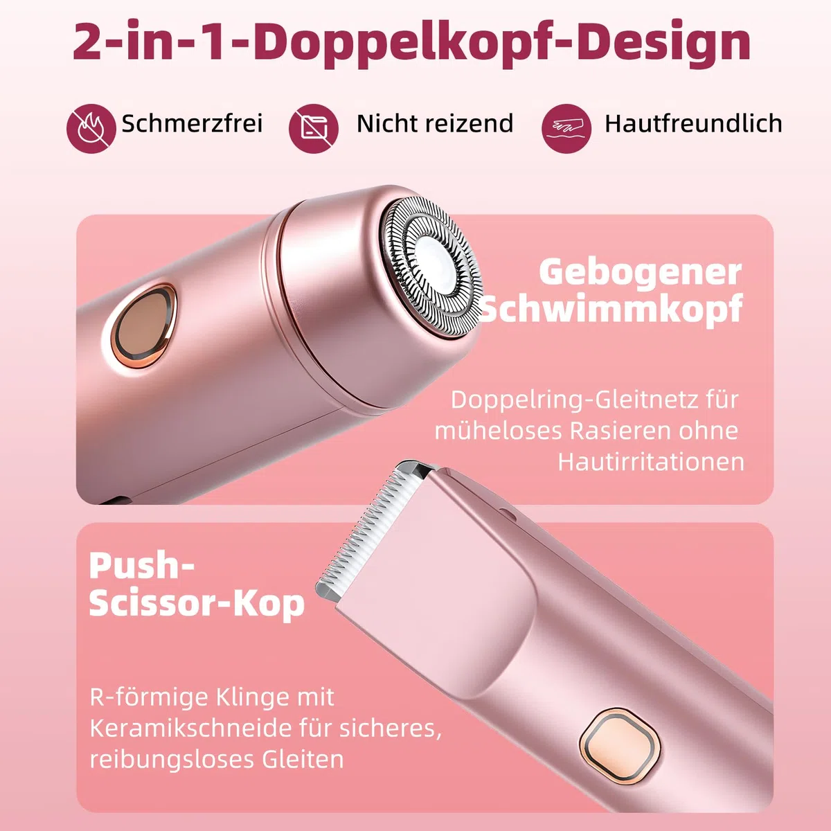 Carehabi Rasierer Damen und Intimrasierer für Frauen 2-in-1 Elektrischer Bikini Trimmer mit Keramikklinge IPX7 Wasserdicht Leiser Damenrasierer Gesichtshaarentferner Typ-C 0.14kg Roségold